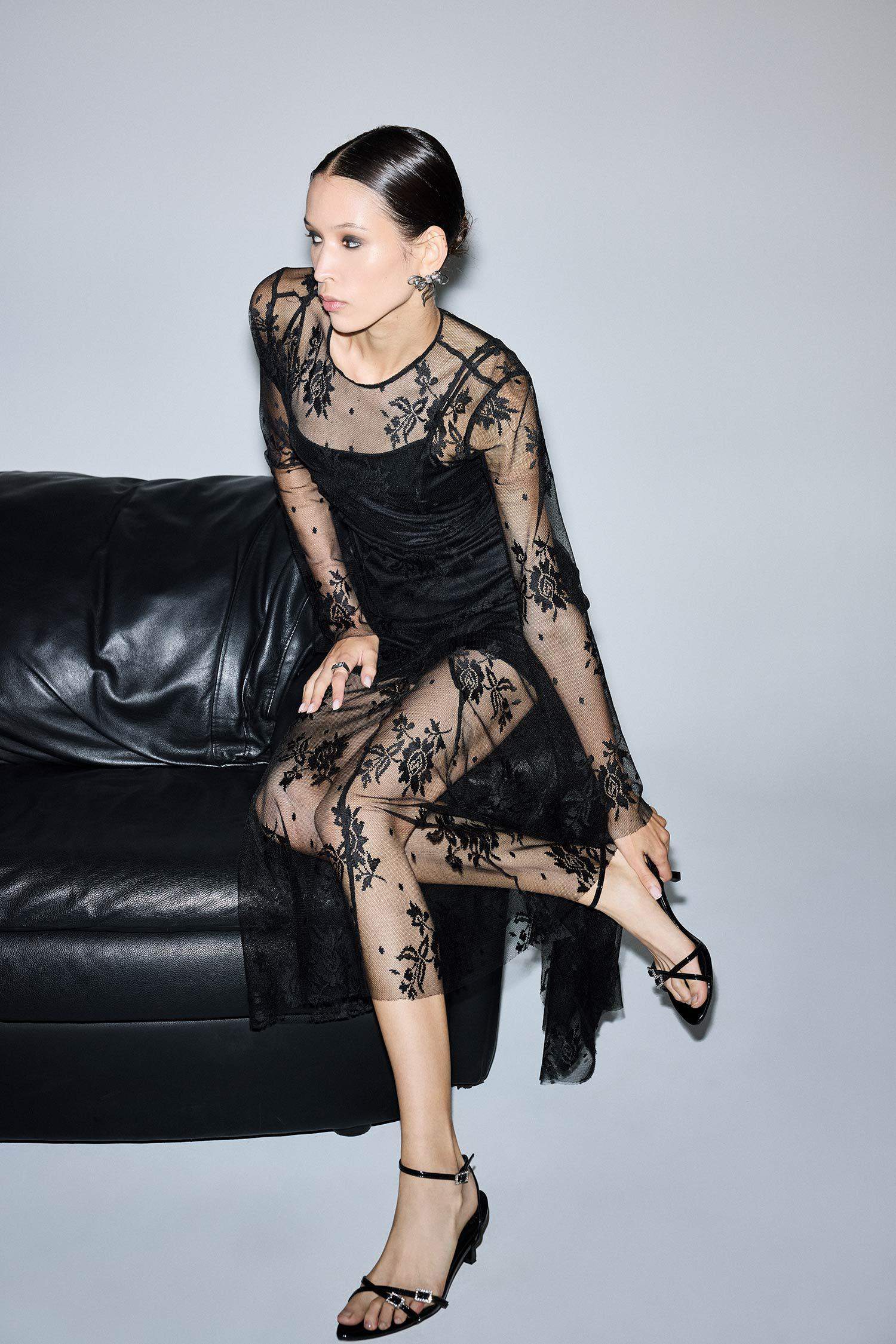 Long Sleeve Floral Patterned Tulle Maxi Dress