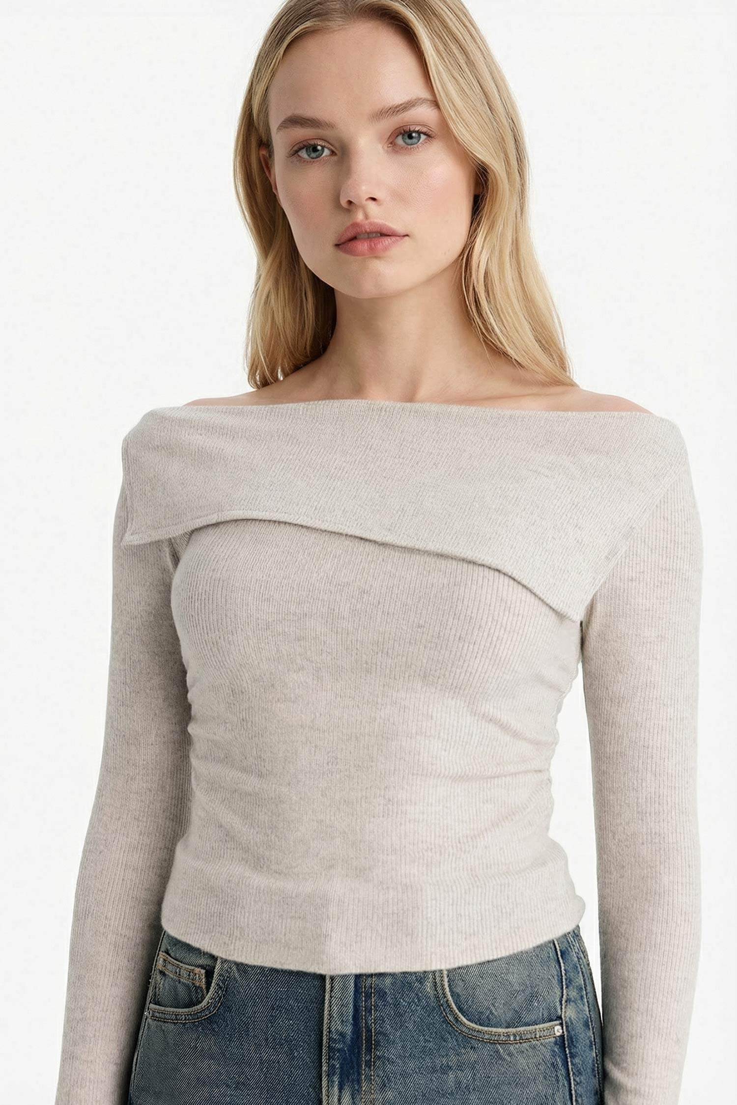 Fitted Açık Omuz Fitilli Kaşkorse Uzun Kollu Tişört