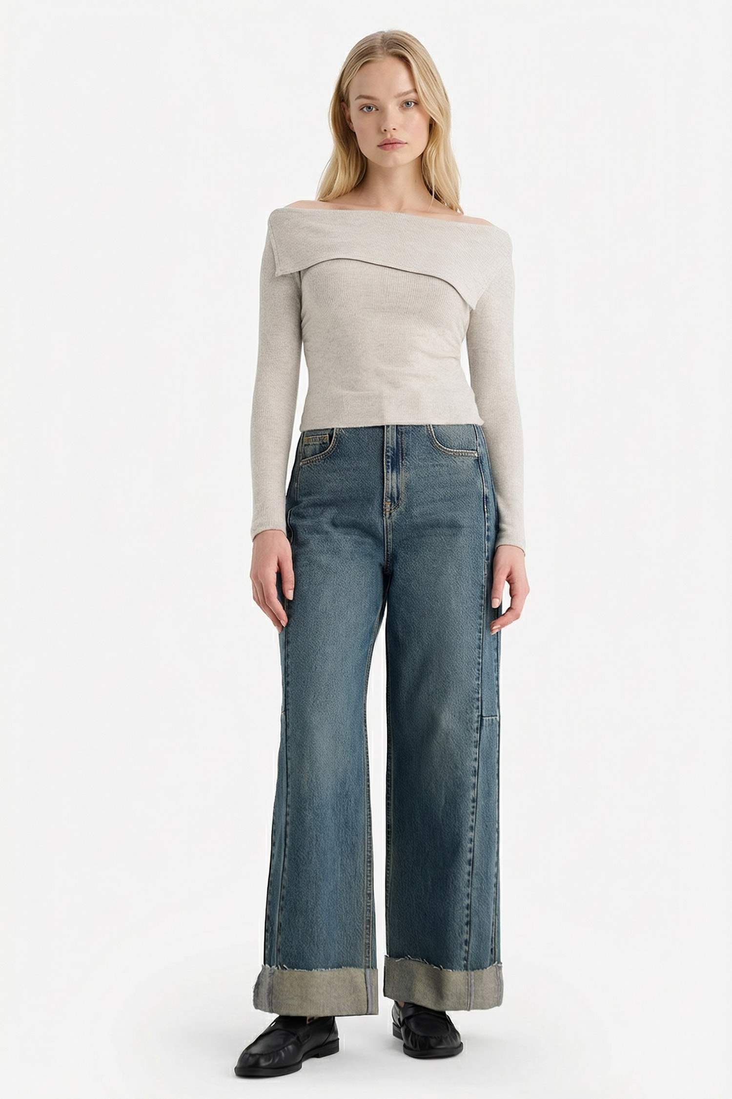 Fitted Açık Omuz Fitilli Kaşkorse Uzun Kollu Tişört