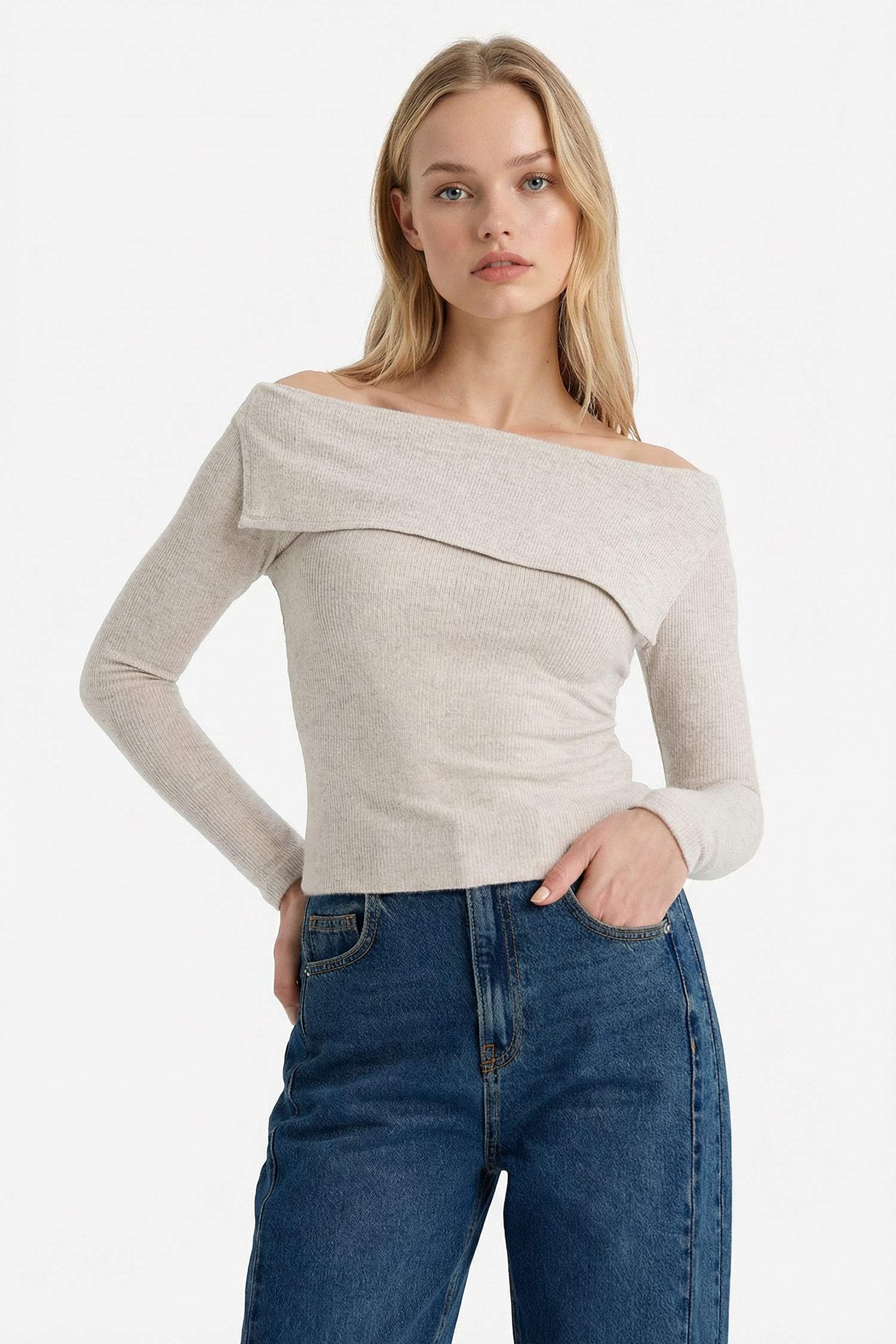 Fitted Açık Omuz Fitilli Kaşkorse Uzun Kollu Tişört