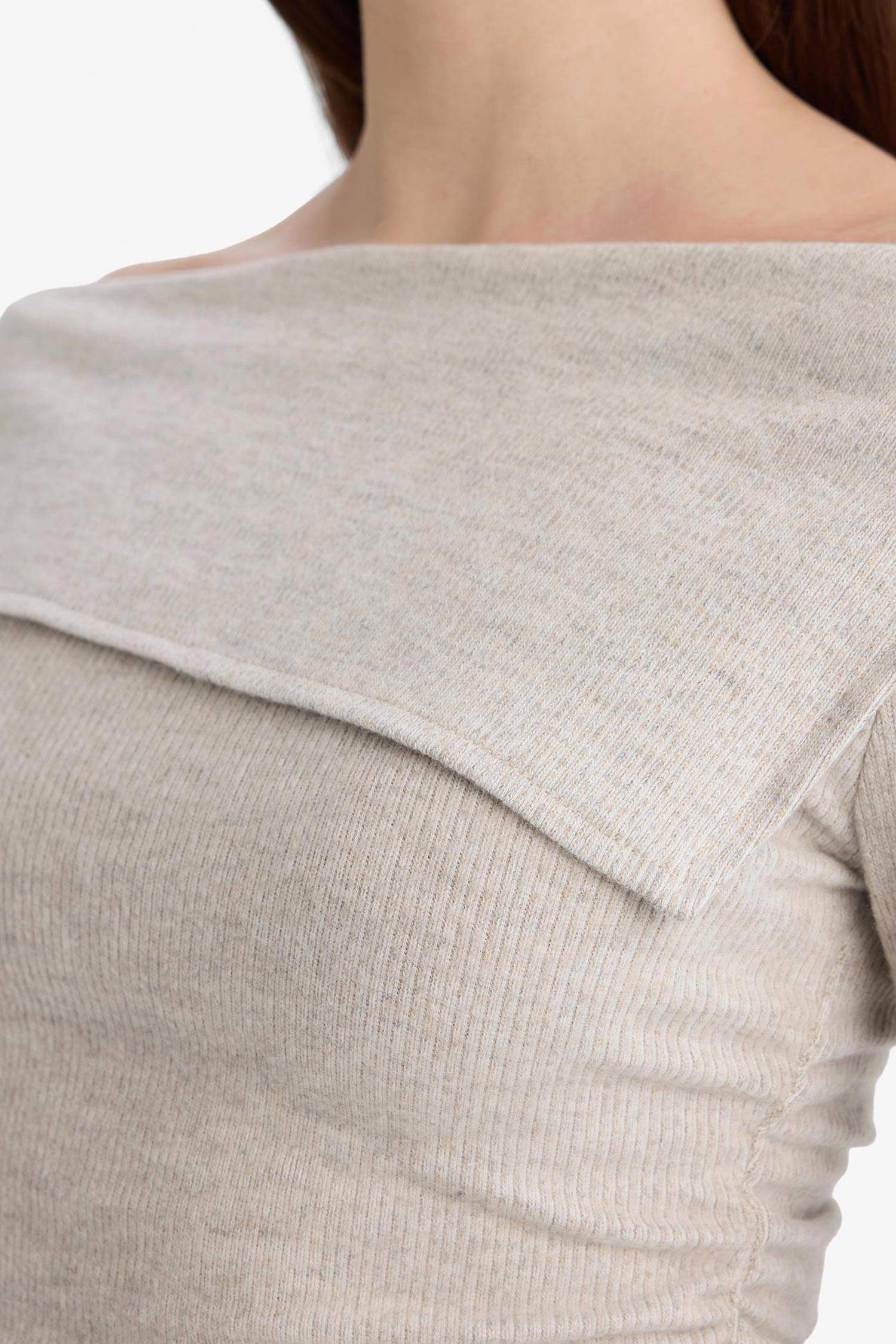 Fitted Açık Omuz Fitilli Kaşkorse Uzun Kollu Tişört