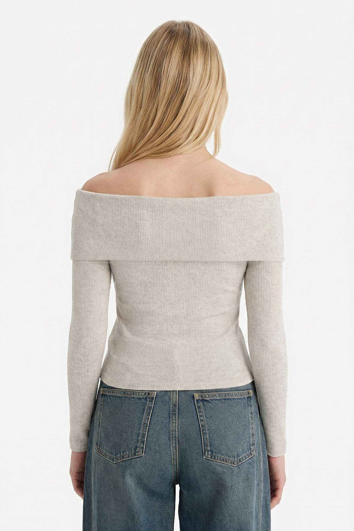 Fitted Açık Omuz Fitilli Kaşkorse Uzun Kollu Tişört