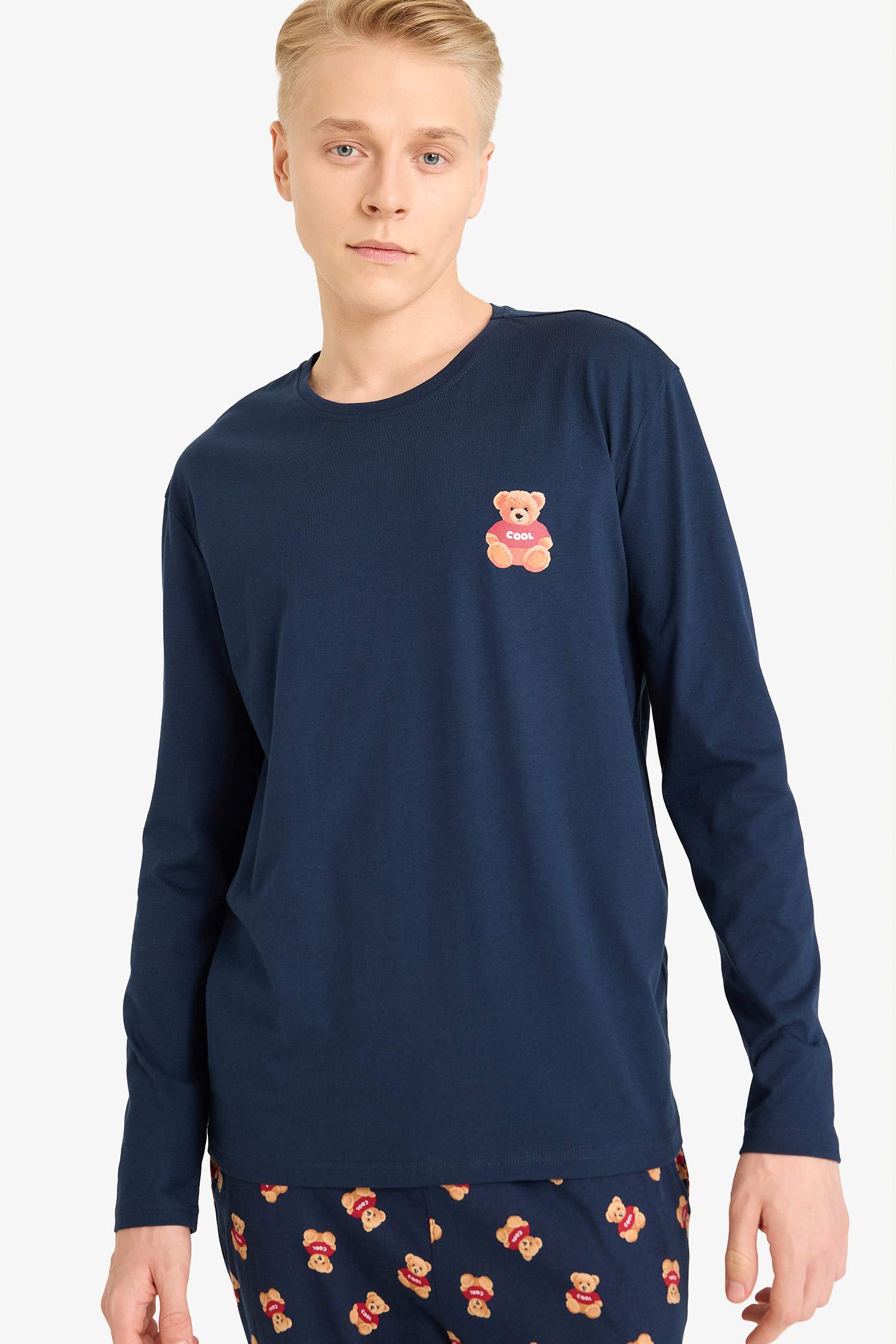 Pijama Takımı Regular Fit Ayıcık Baskılı Uzun Kollu Üst Uzun Alt