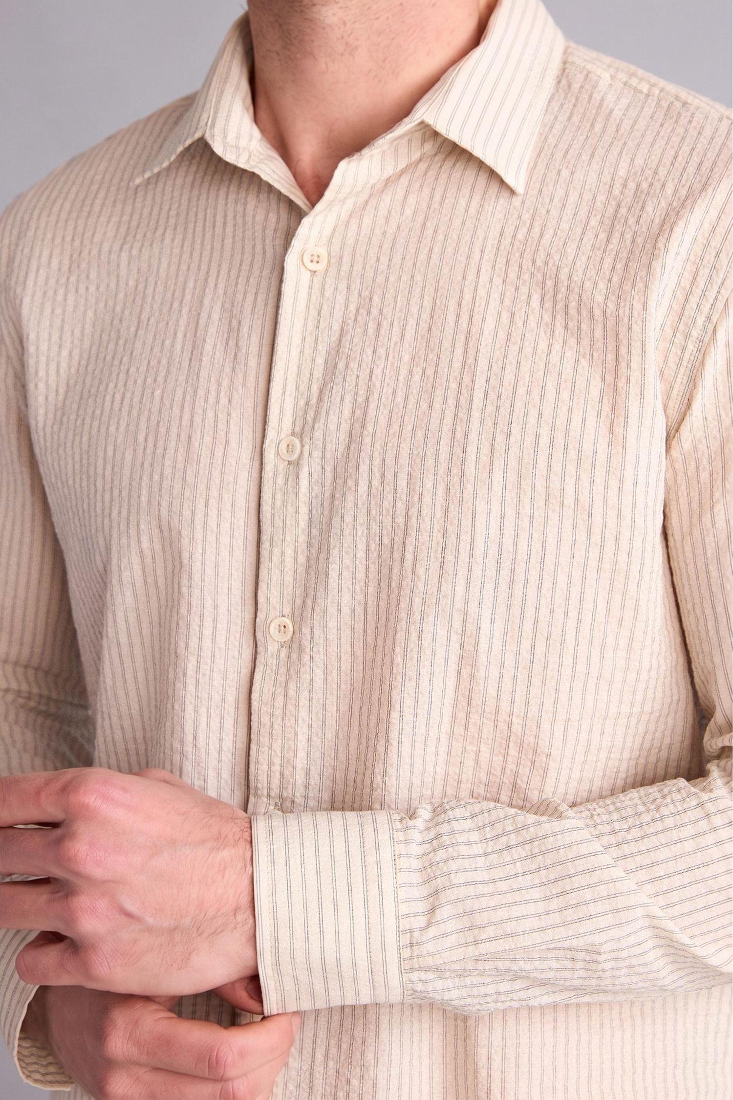 DeFacto Modern Fıt Çizgili Twill Uzun Kollu Gömlek görsel 3