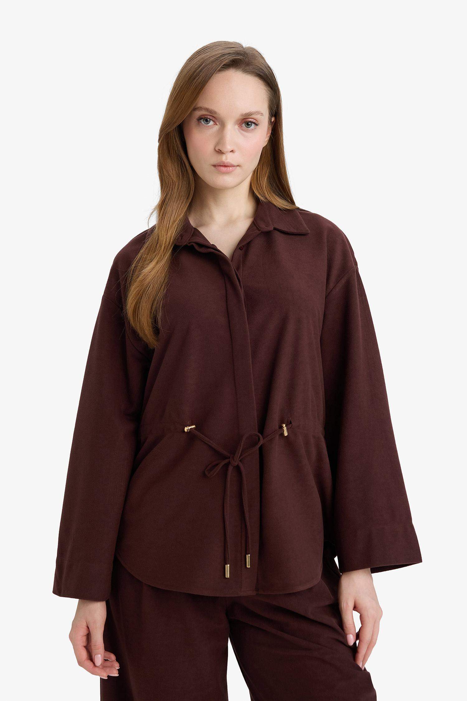 Regular Fit Shirt Collar Suede Long Sleeve Shirt