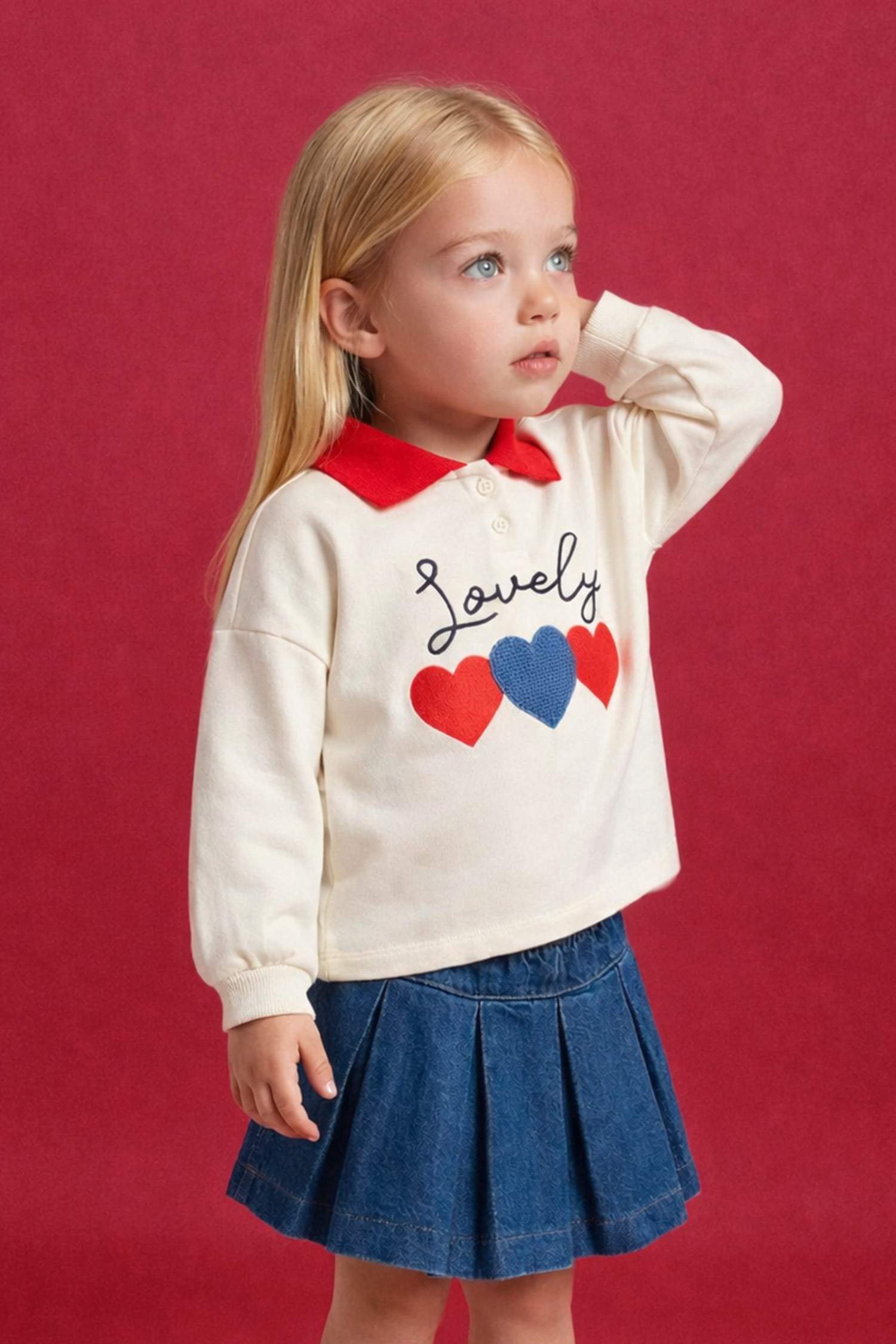 Қыз сәбилерге арналған Oversize кең пішімді поло жағалы суретті свитшот