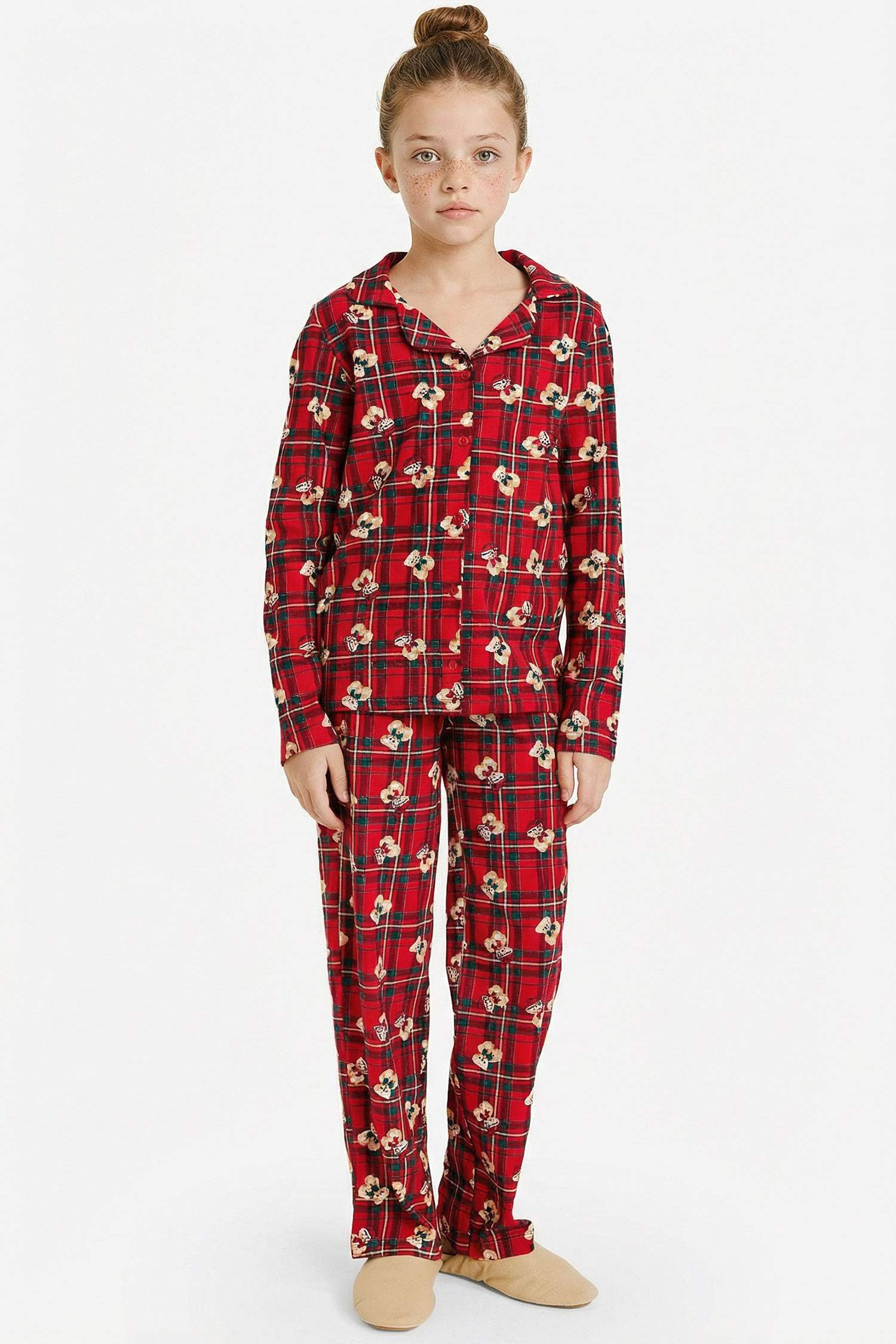 Kız Çocuk Yılbaşı Temalı Pijama Takımı Kareli Ayıcıklı Uzun Kollu Üst Uzun Alt