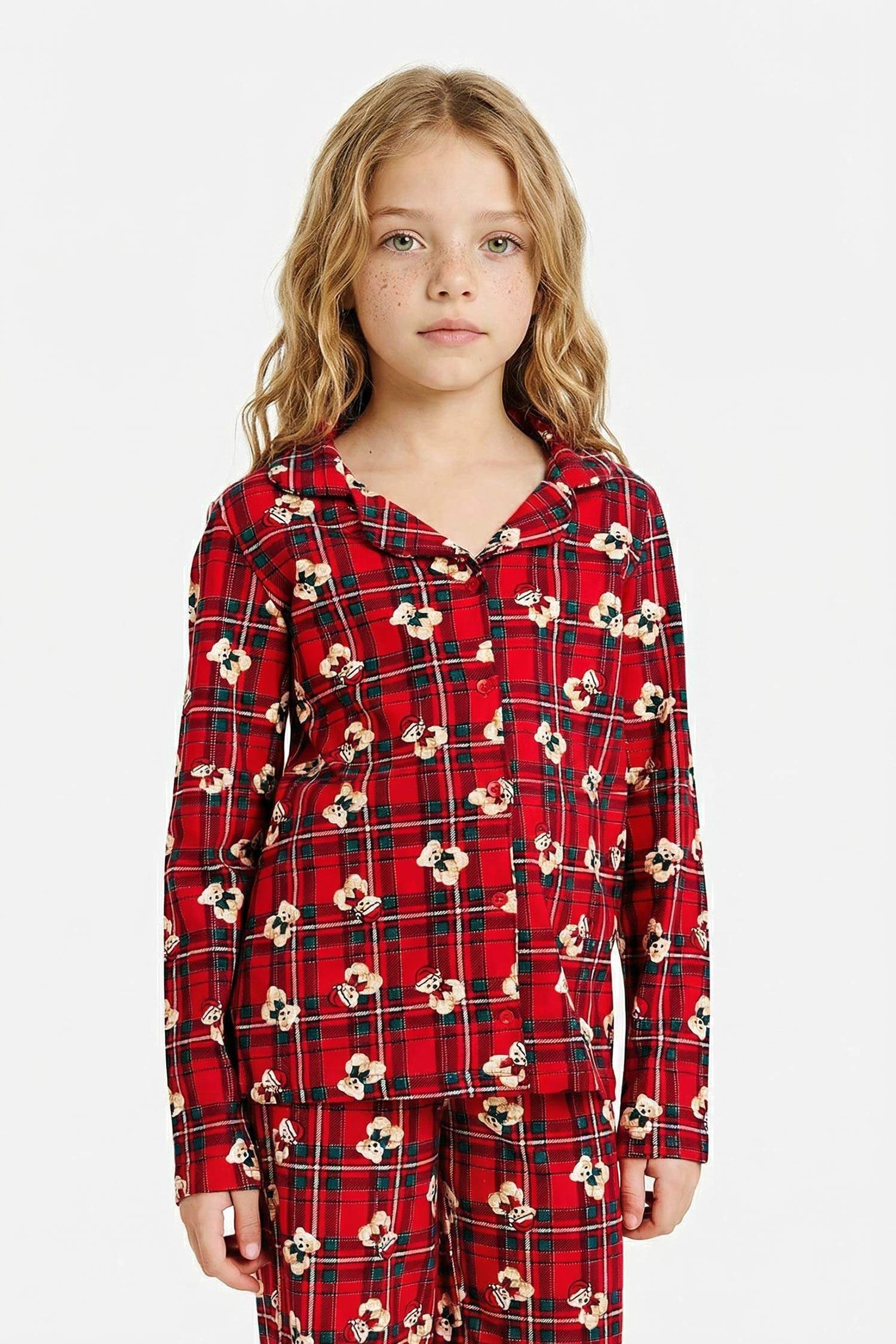 Kız Çocuk Yılbaşı Temalı Pijama Takımı Kareli Ayıcıklı Uzun Kollu Üst Uzun Alt