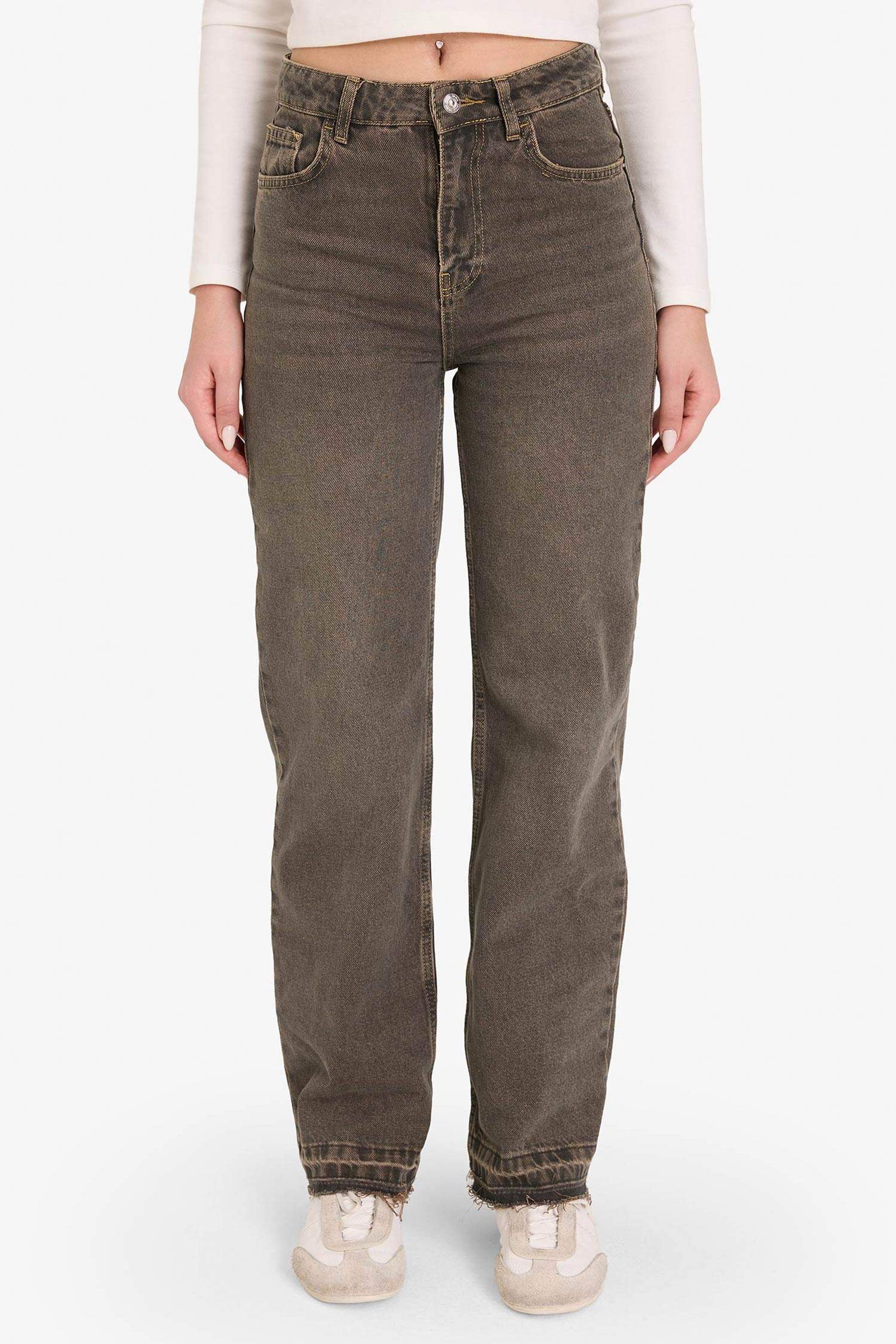 90's Wide Leg Yüksek Bel Kesik Uç Paça Uzun Jean Yıkamalı Pantolon