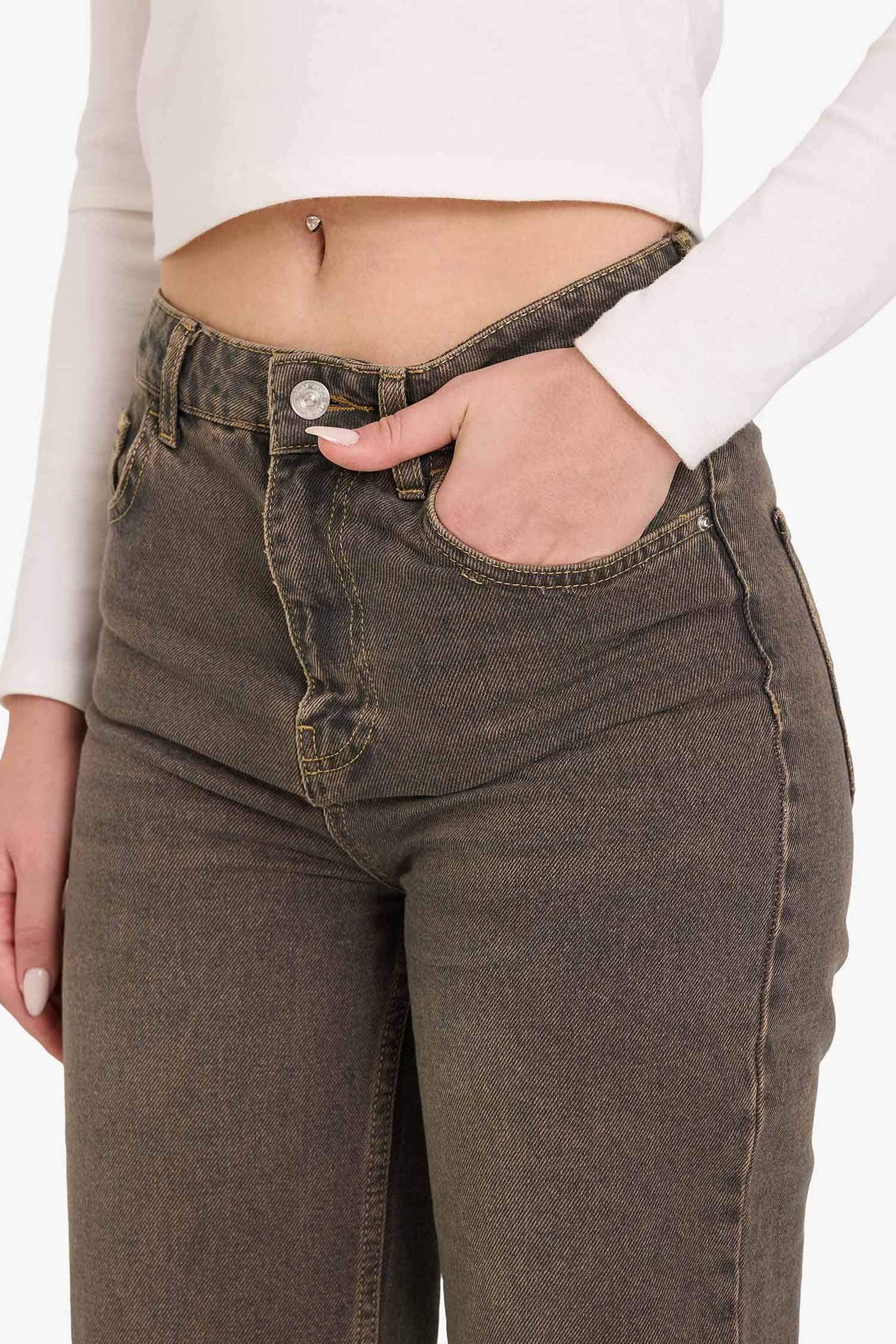 90's Wide Leg Yüksek Bel Kesik Uç Paça Uzun Jean Yıkamalı Pantolon