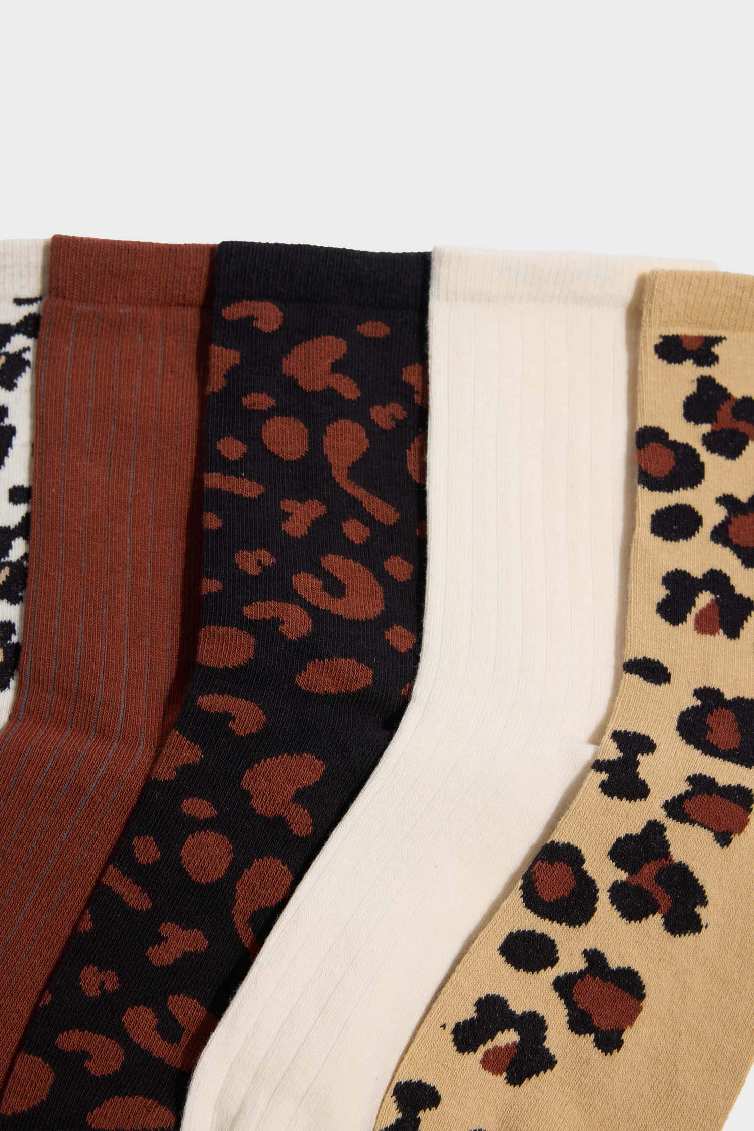 Kadın Leopar Desenli 5'li Pamuklu Uzun Çorap