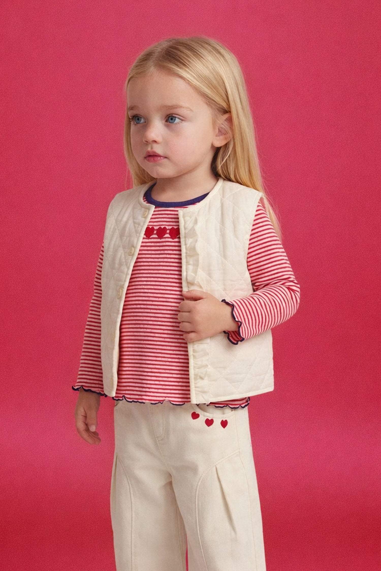 Baby Girl Crew Neck Quilted Buttoned Vest