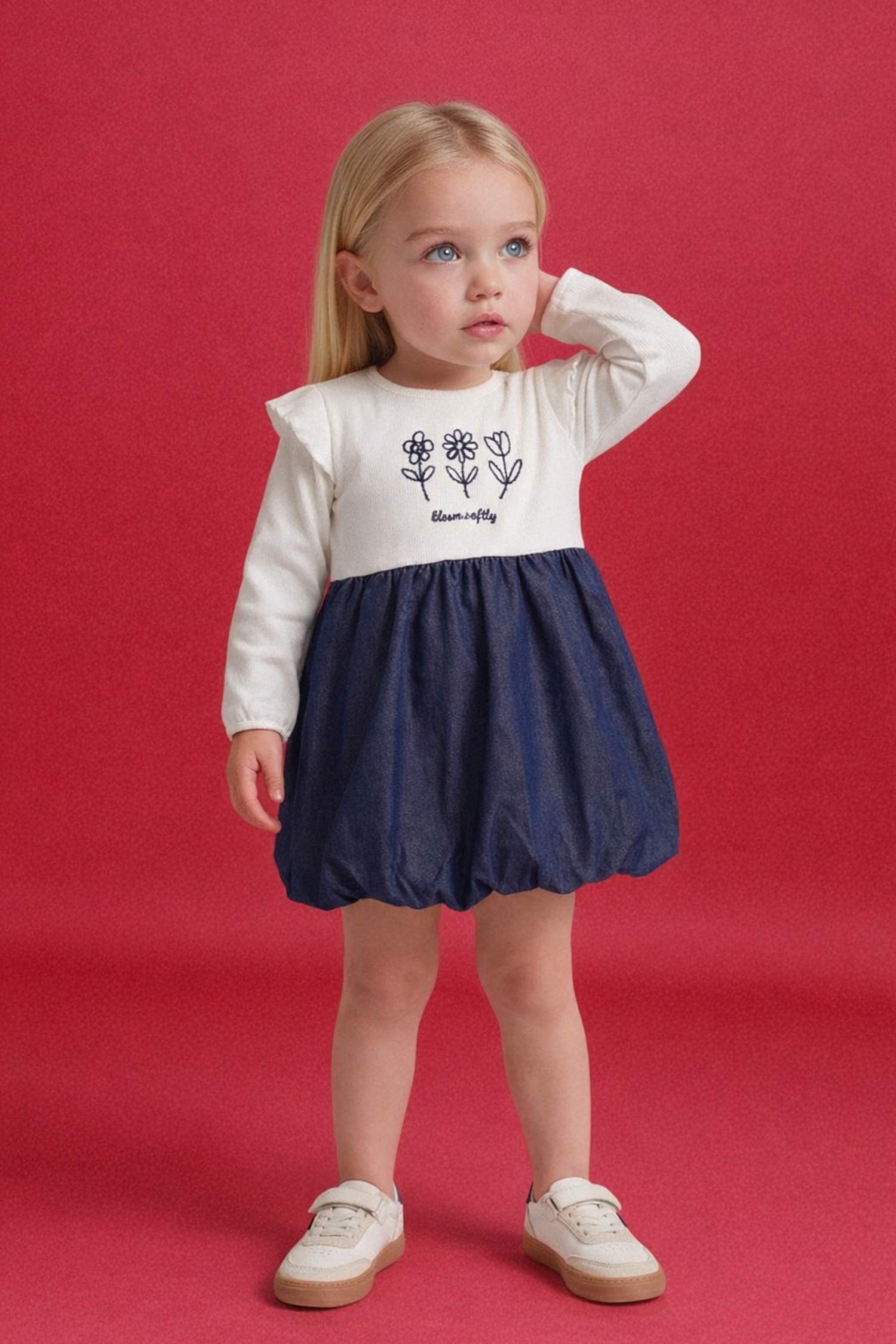 Қыз сәбилерге арналған кестелі ұзын жеңді кашкорсе көйлек