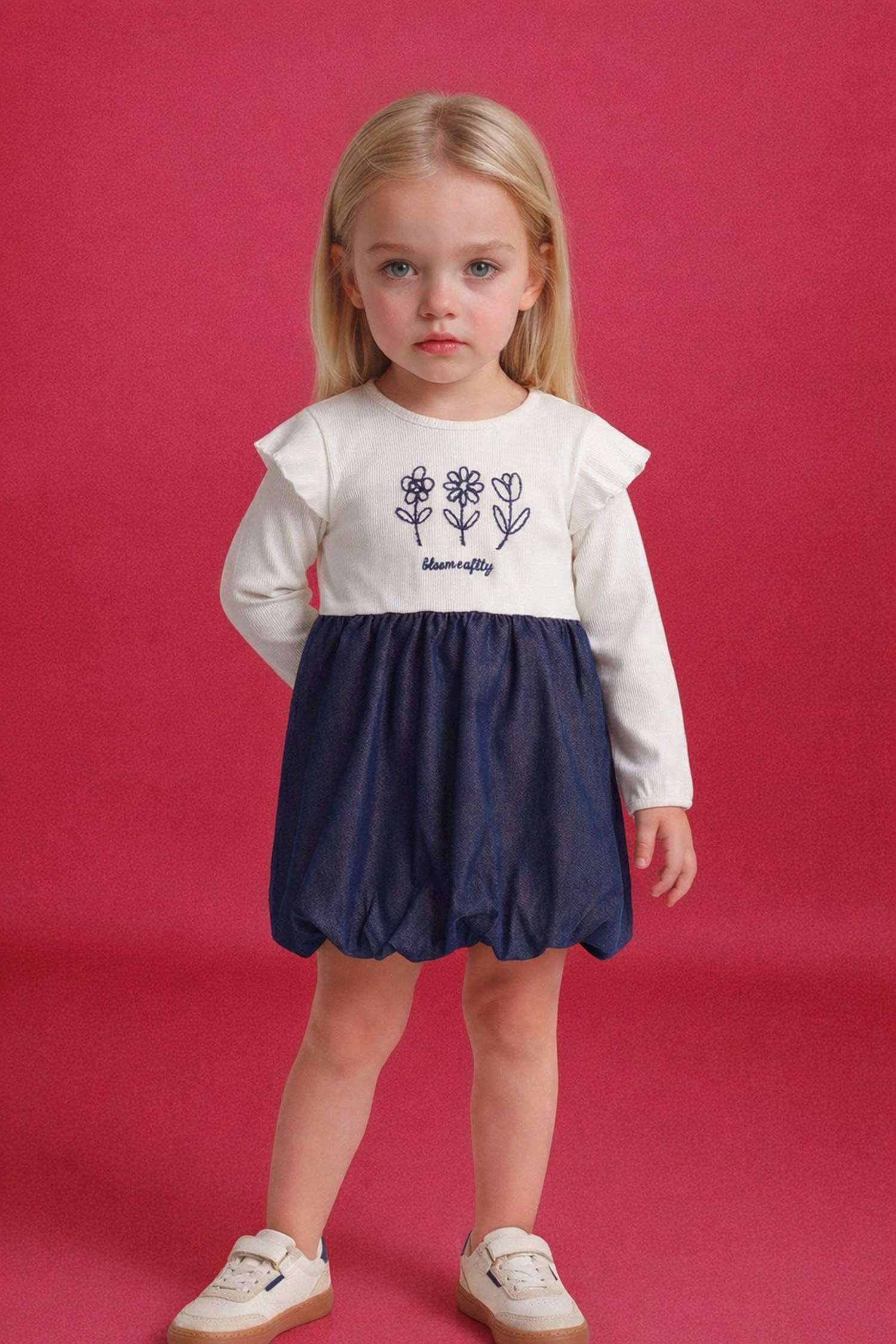 Қыз сәбилерге арналған кестелі ұзын жеңді кашкорсе көйлек