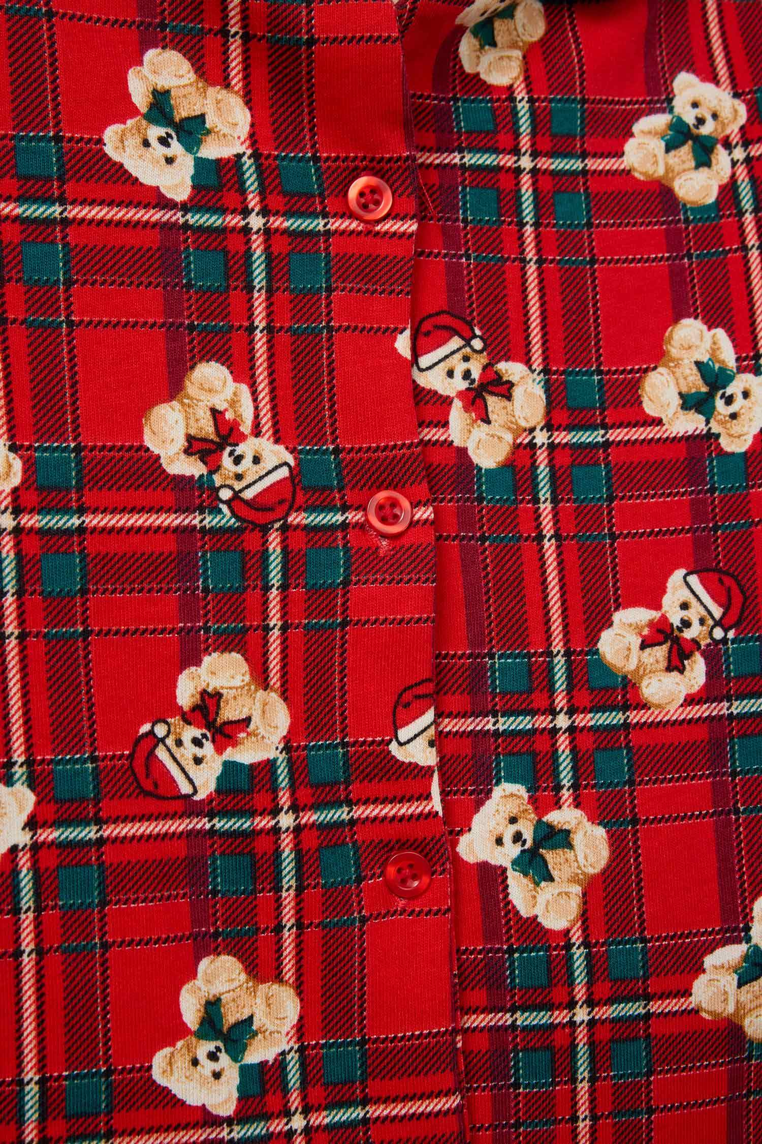 Kız Bebek Pijama Takımı Kareli Ayıcıklı Uzun Kollu Üst Uzun Alt