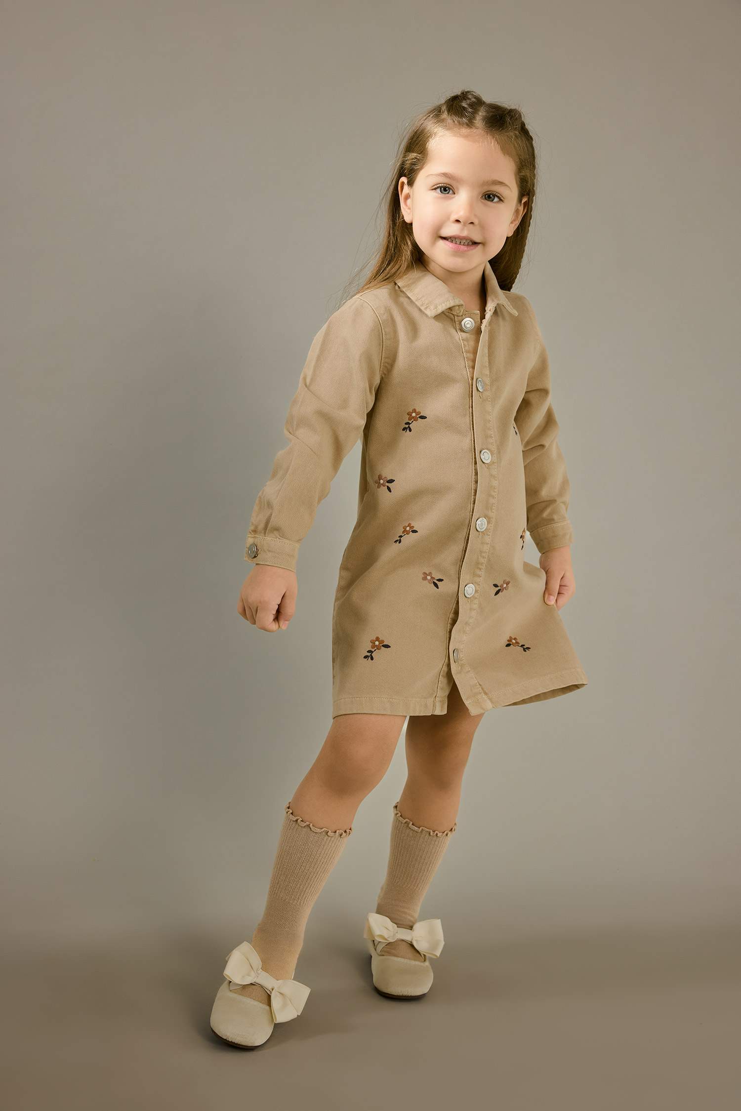 Çiçekli Uzun Kollu Jean Elbise Kız Bebek