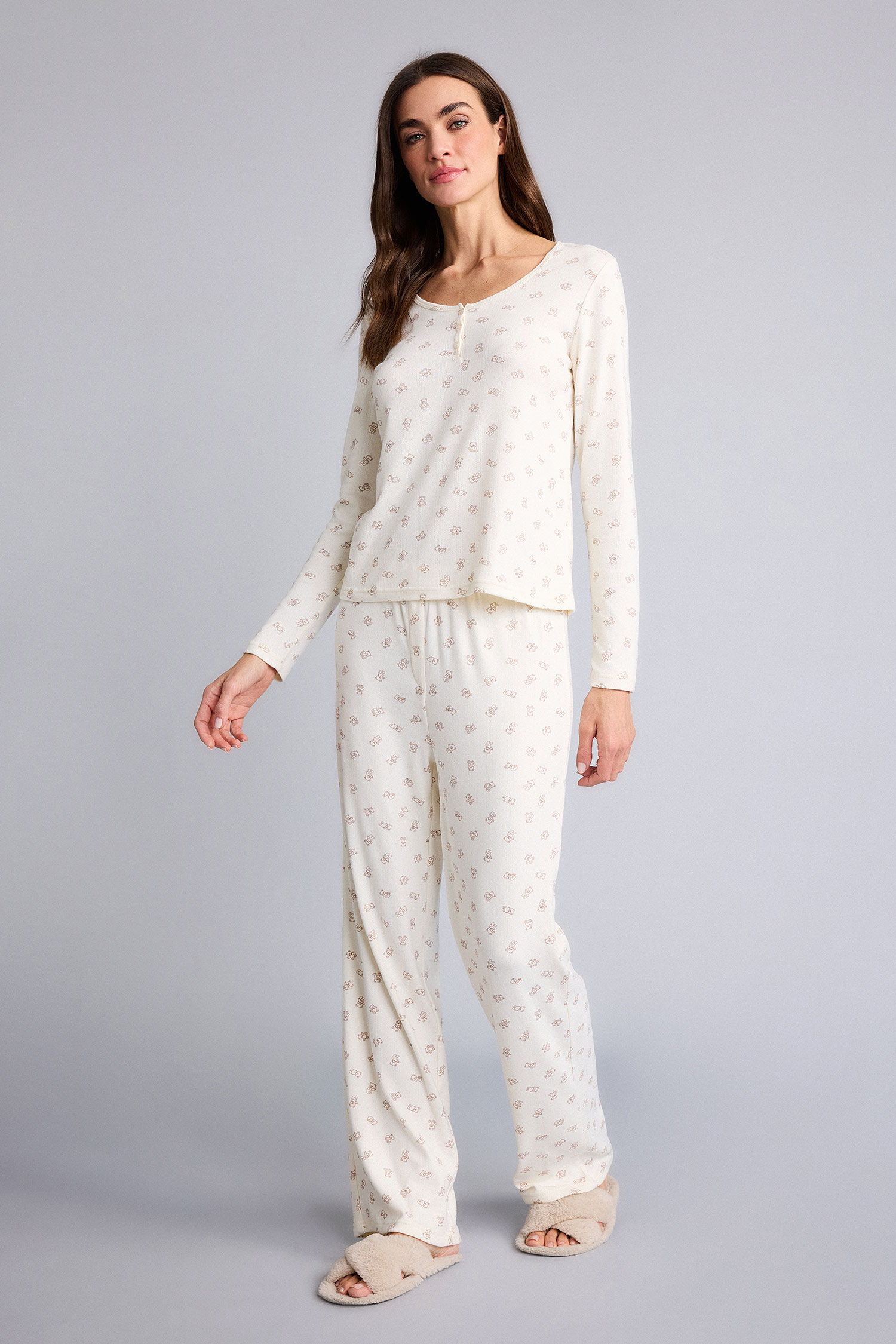 DeFacto Regular Fit Uzun Kollu Üst Elastik Bel Alt Desenli Pijama Takımı