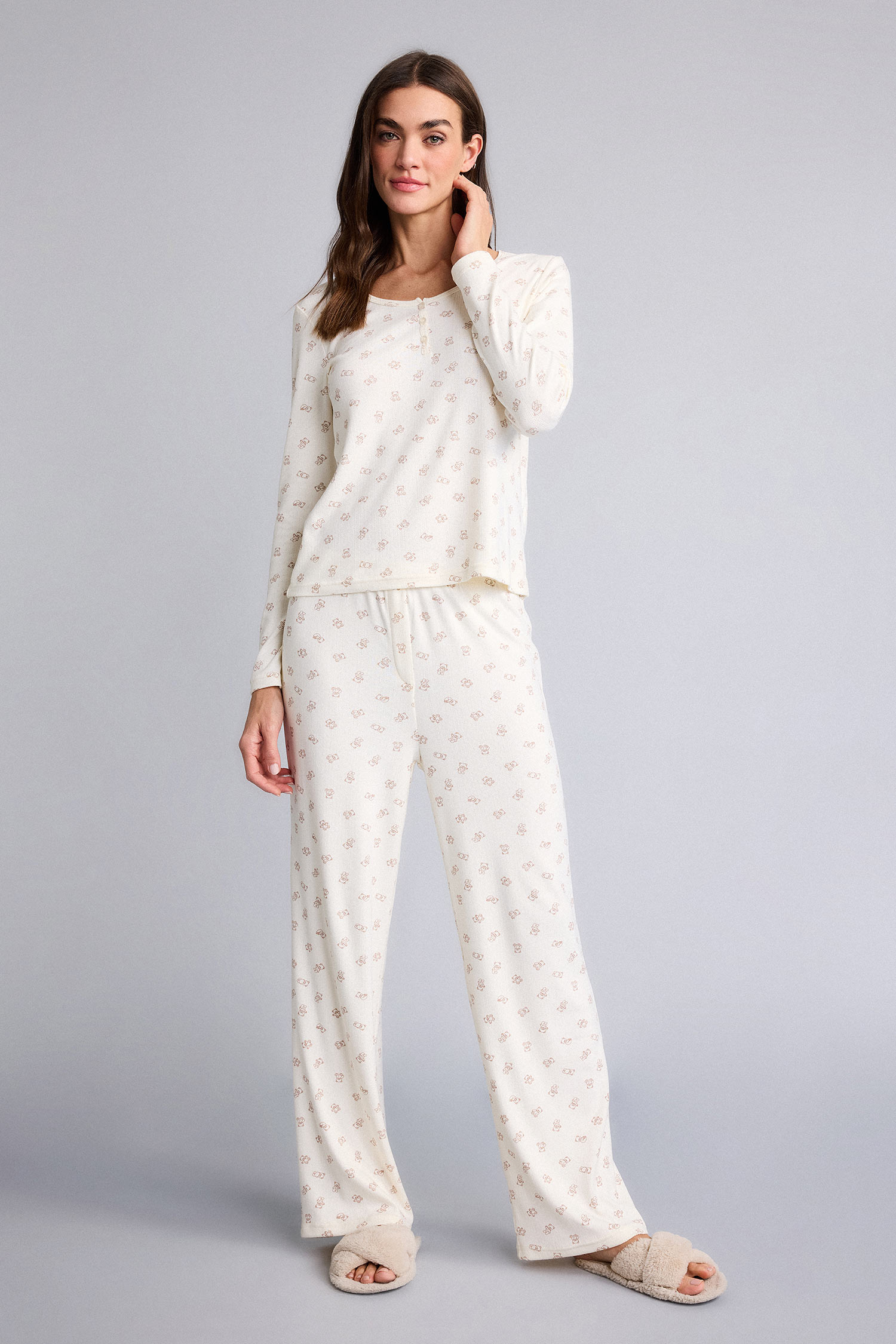 DeFacto Regular Fit Uzun Kollu Üst Elastik Bel Alt Desenli Pijama Takımı görsel 2