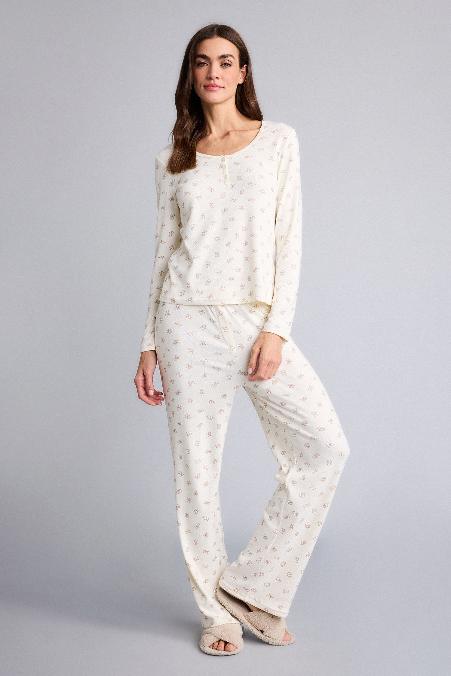 DeFacto Regular Fit Uzun Kollu Üst Elastik Bel Alt Desenli Pijama Takımı görsel 3