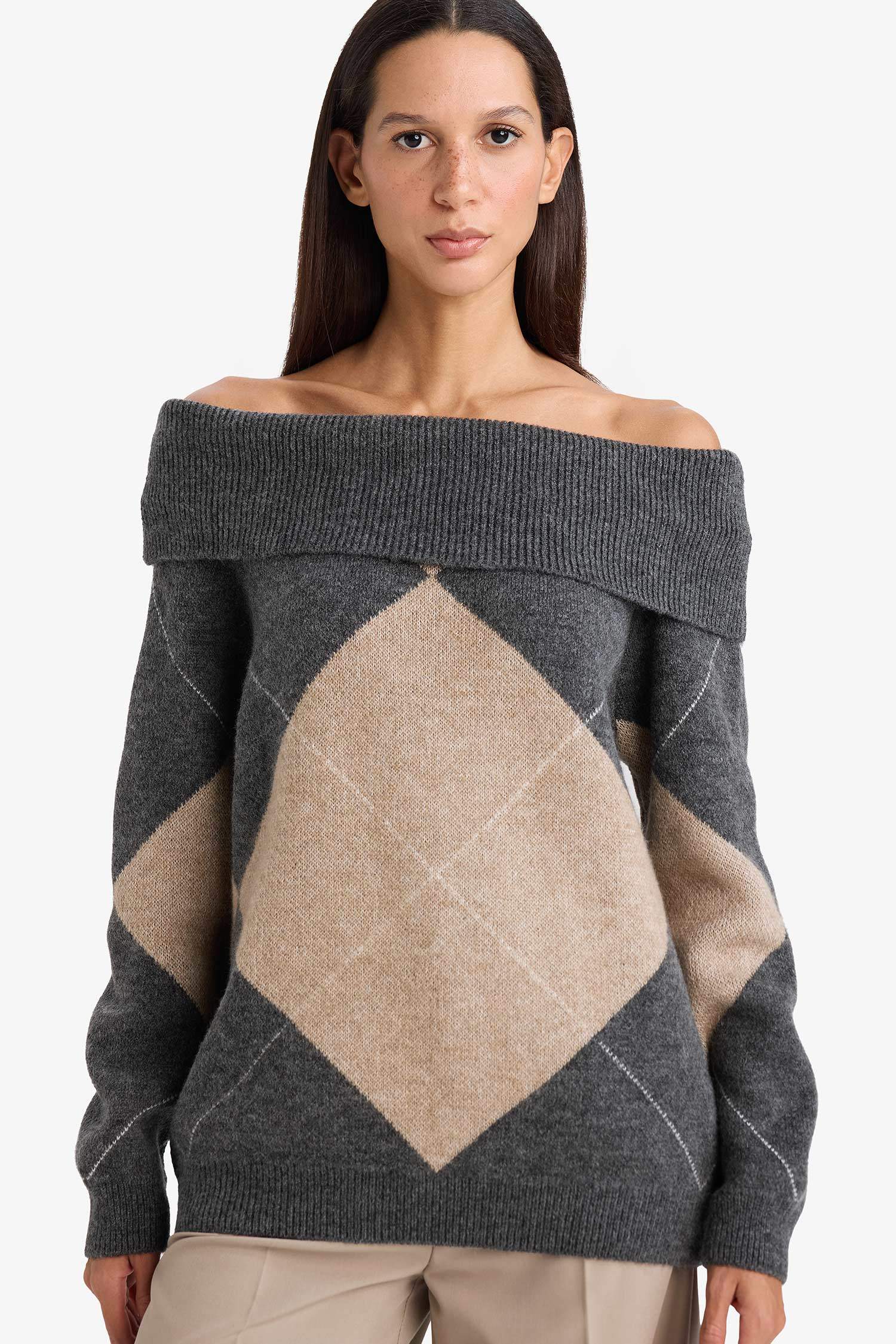 Oversize Geniş Kalıp Açık Omuz Baklava Desenli Triko Kazak