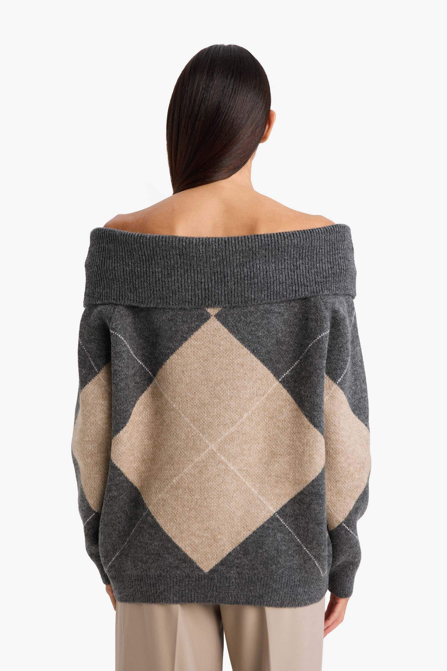 Oversize Geniş Kalıp Açık Omuz Baklava Desenli Triko Kazak