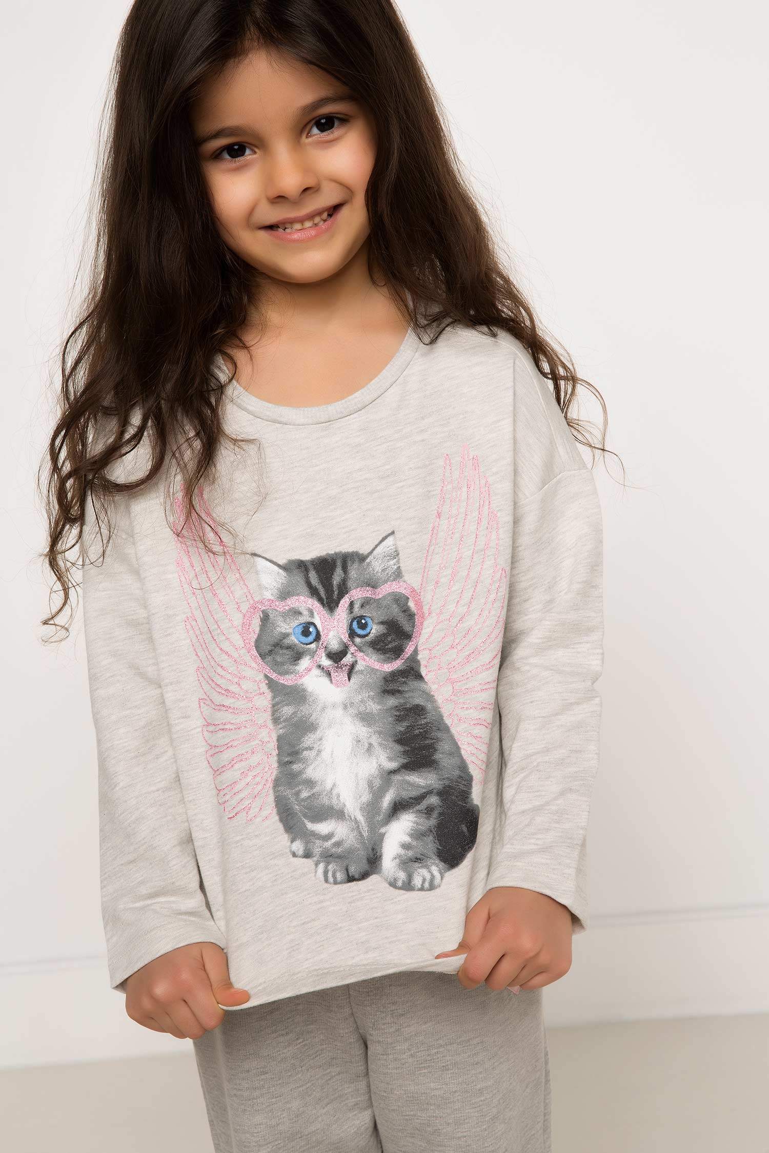 Defacto Kedi Baskılı Kız Çocuk Sweatshirt. 1
