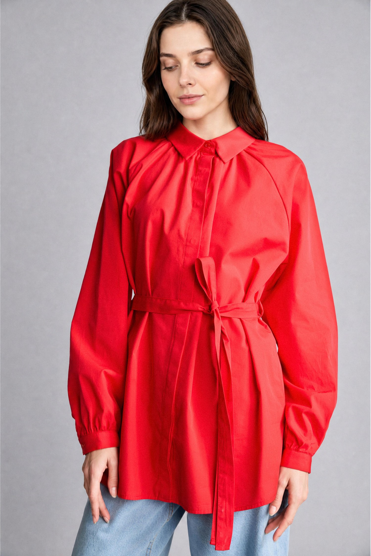 DeFacto %100 Pamuk Relaxed Fit Uzun Kollu Poplin Tunik görsel 3