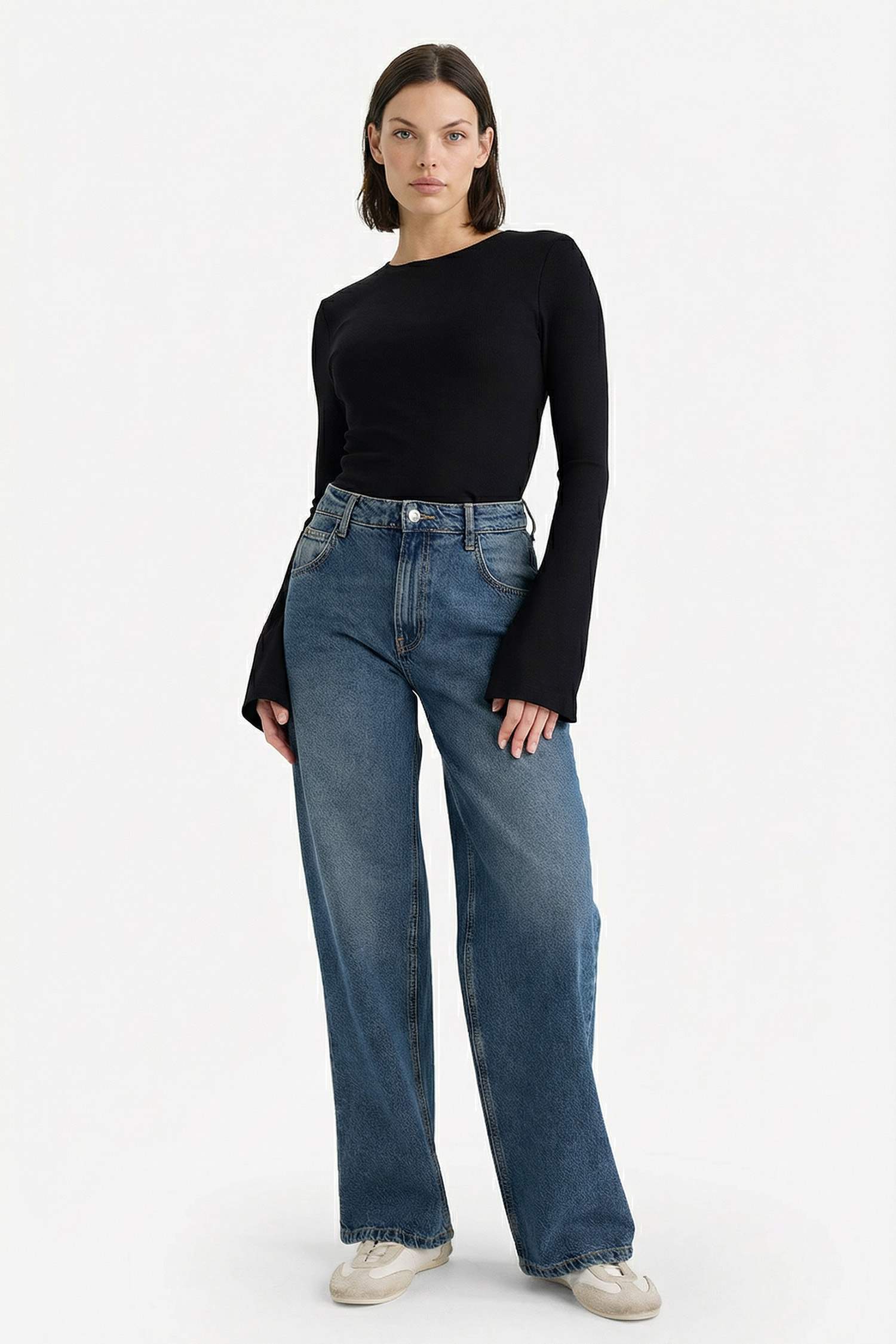 Slim Fit Dar Kesim Bisiklet Yaka Fitilli Kaşkorse Uzun Kollu Tişört