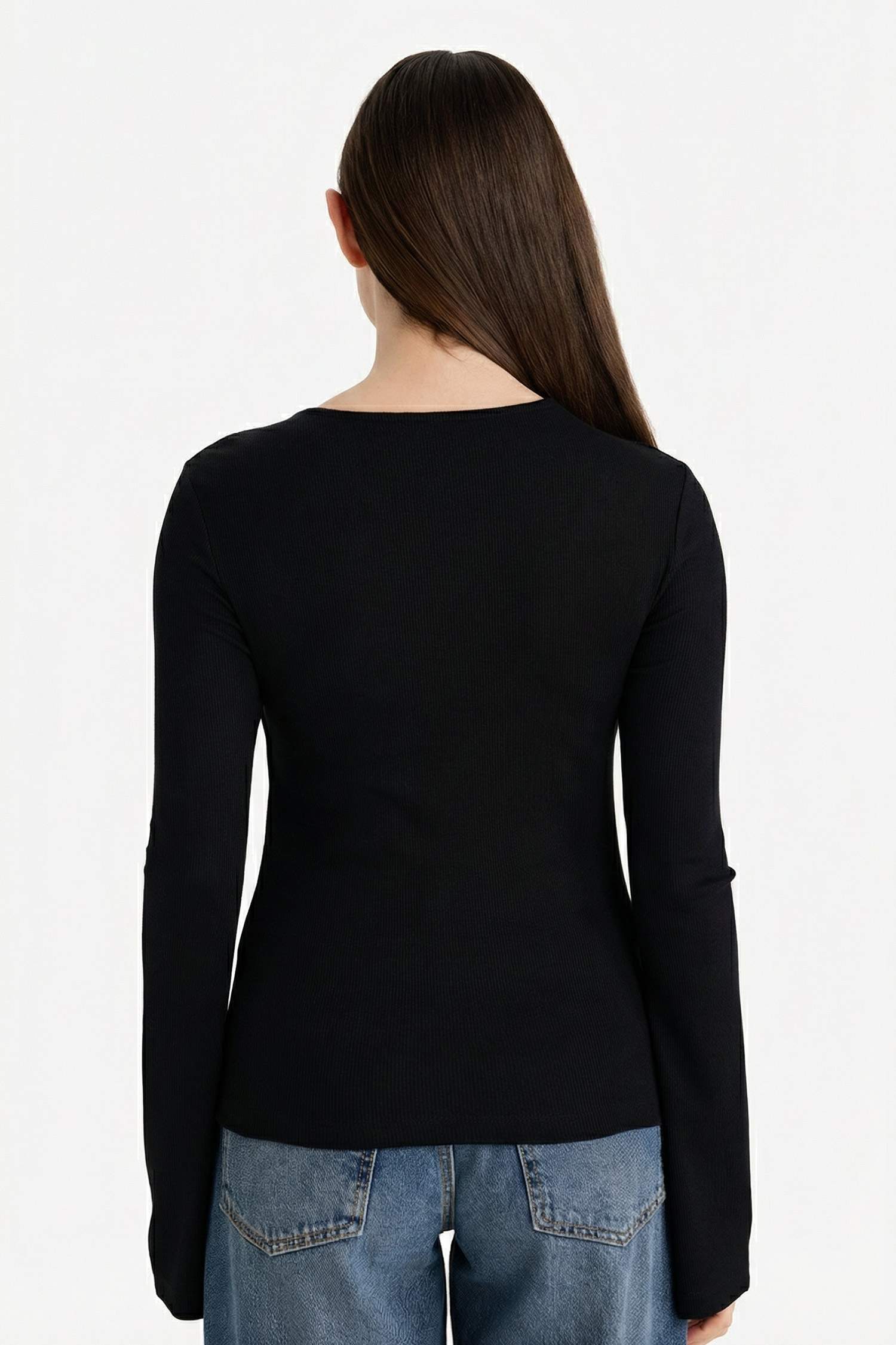 Slim Fit Dar Kesim Bisiklet Yaka Fitilli Kaşkorse Uzun Kollu Tişört