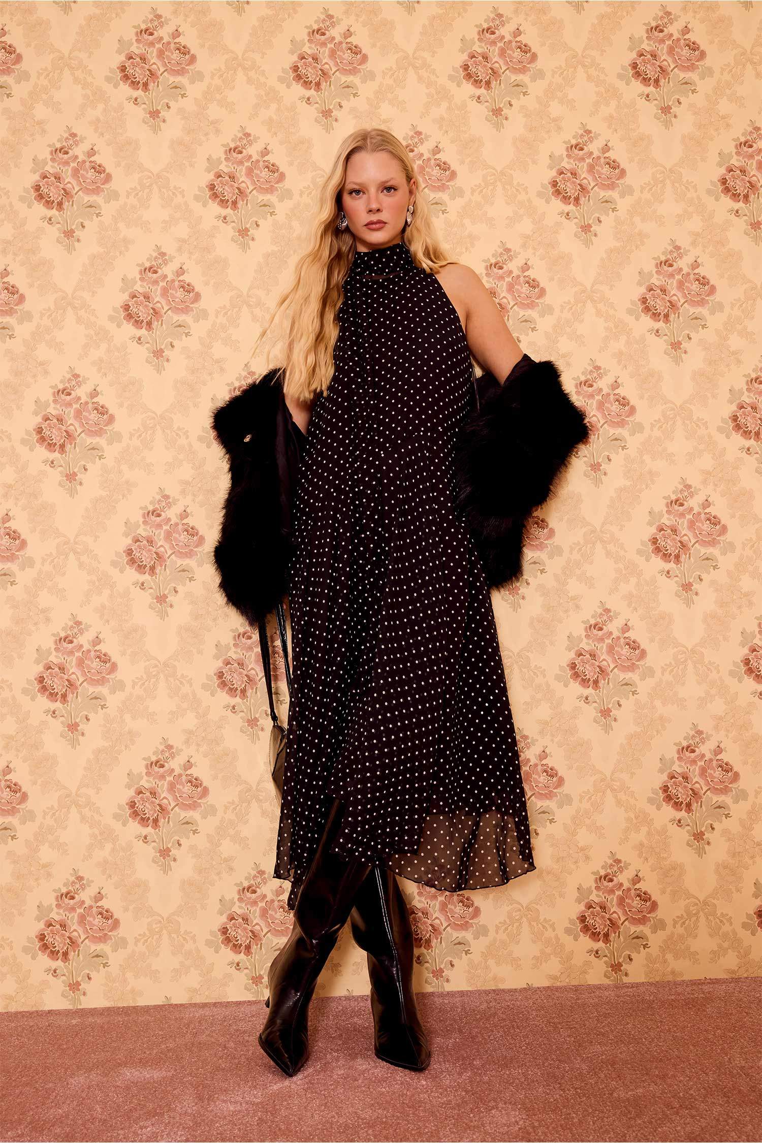 Asymmetric Degaje Neck Polka Dot Chiffon Midi Dress