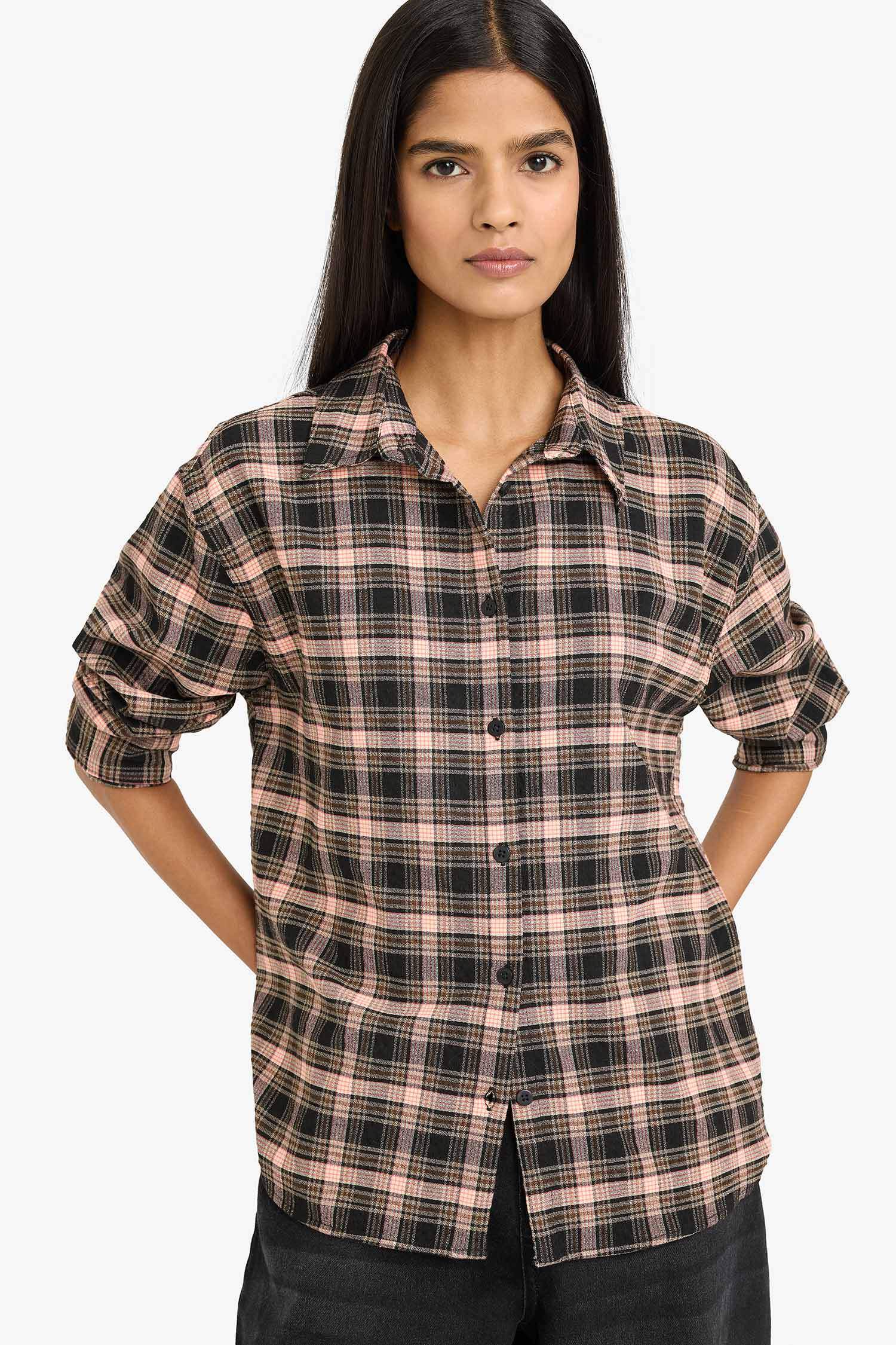 Oversize Fit Shirt Collar Flanel Plaid Long Sleeve Shirt