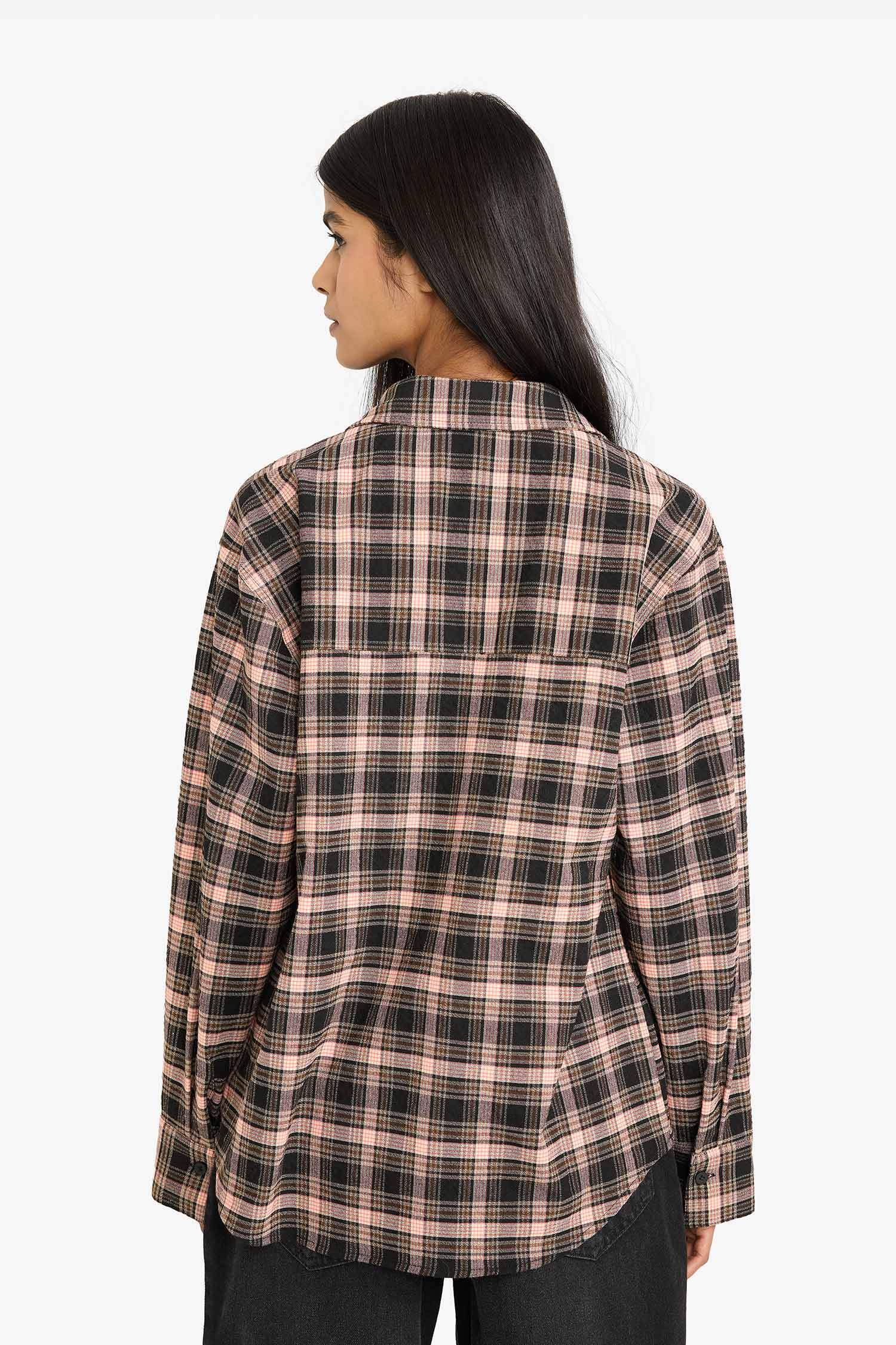 Oversize Fit Shirt Collar Flanel Plaid Long Sleeve Shirt