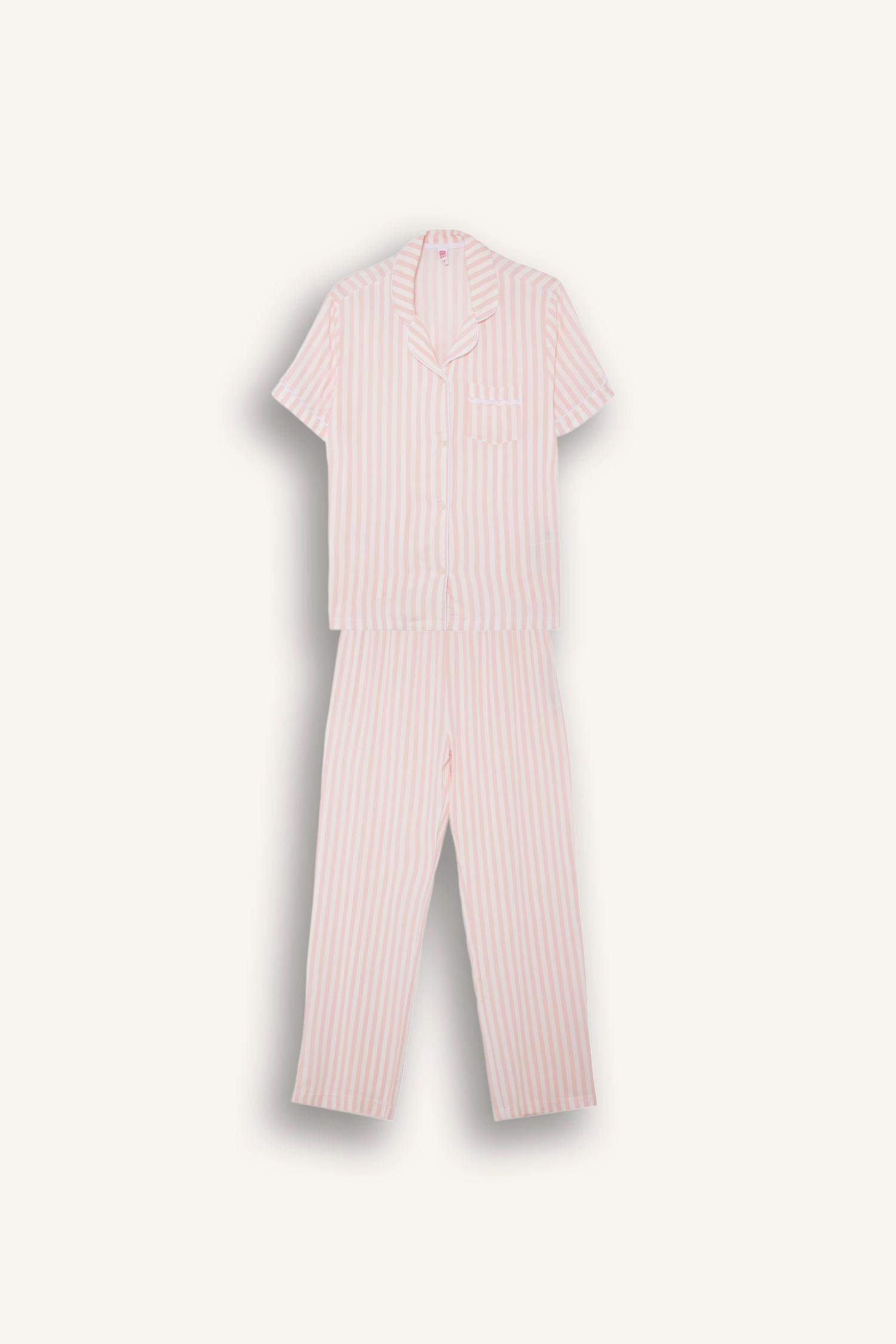 Regular Fit Striped Top Bottom 2 Piece Pajama Set