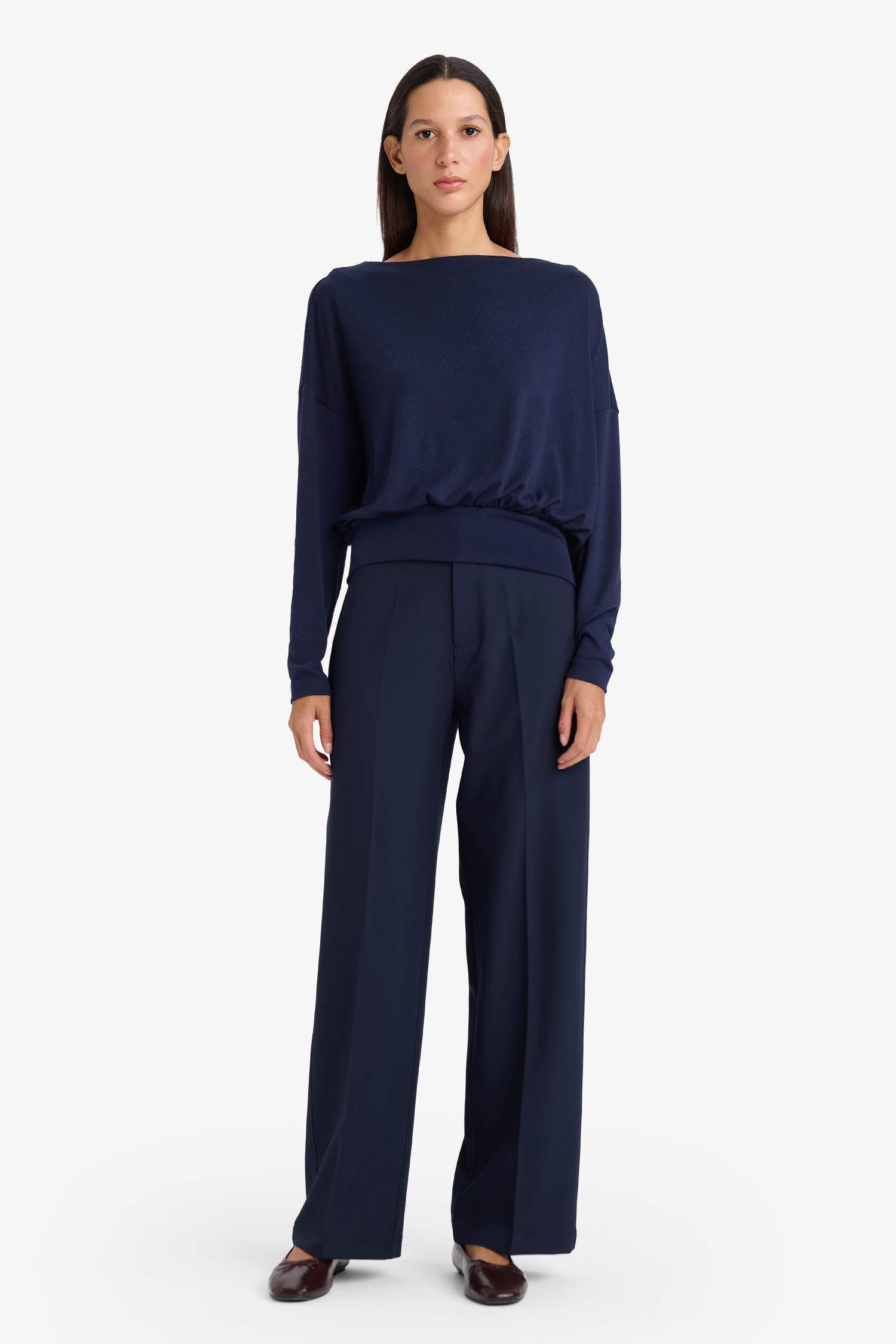 Loose Fit Kayık Yaka Uzun Kollu Tişört