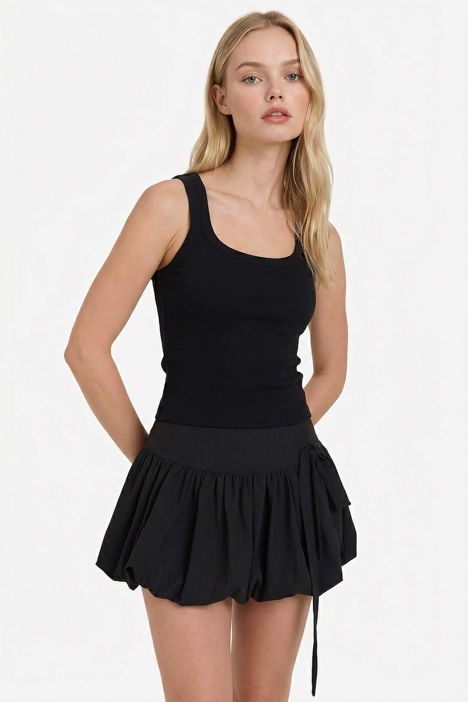 Balloon Fit Çizgili Normal Bel Penye Astar Mini Etek