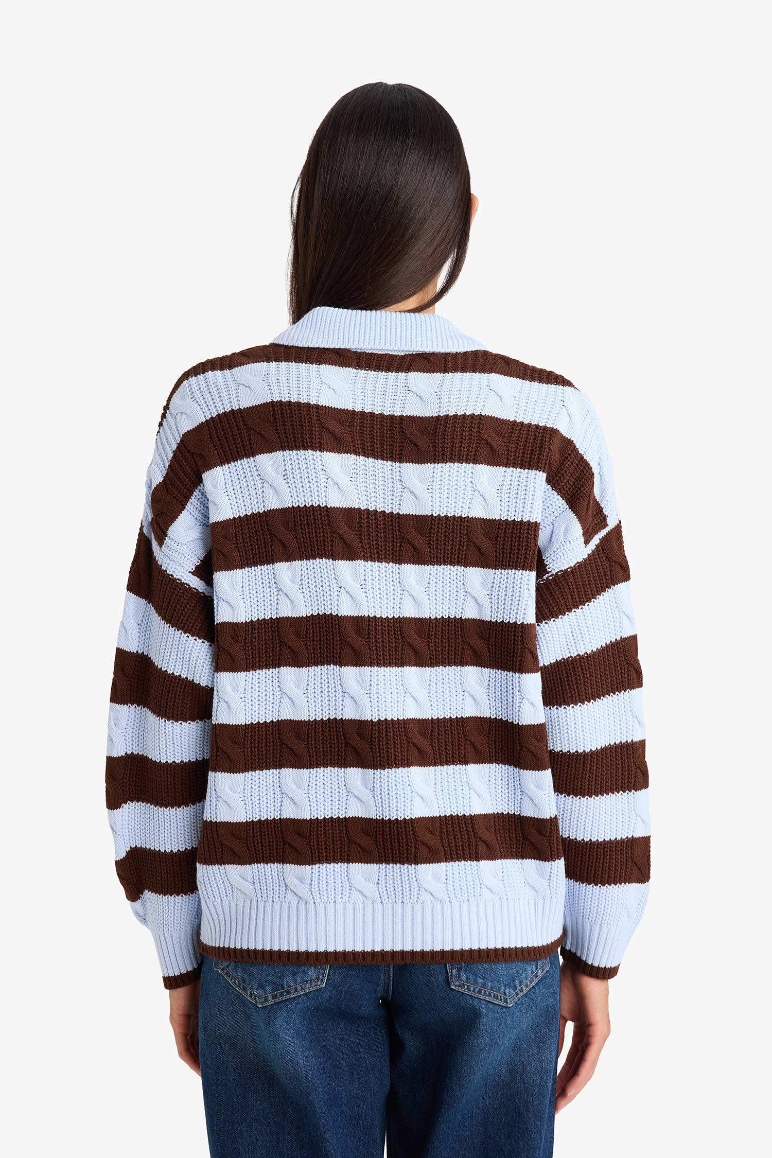 Regular Fit Polo Collar Striped Knit Pullover