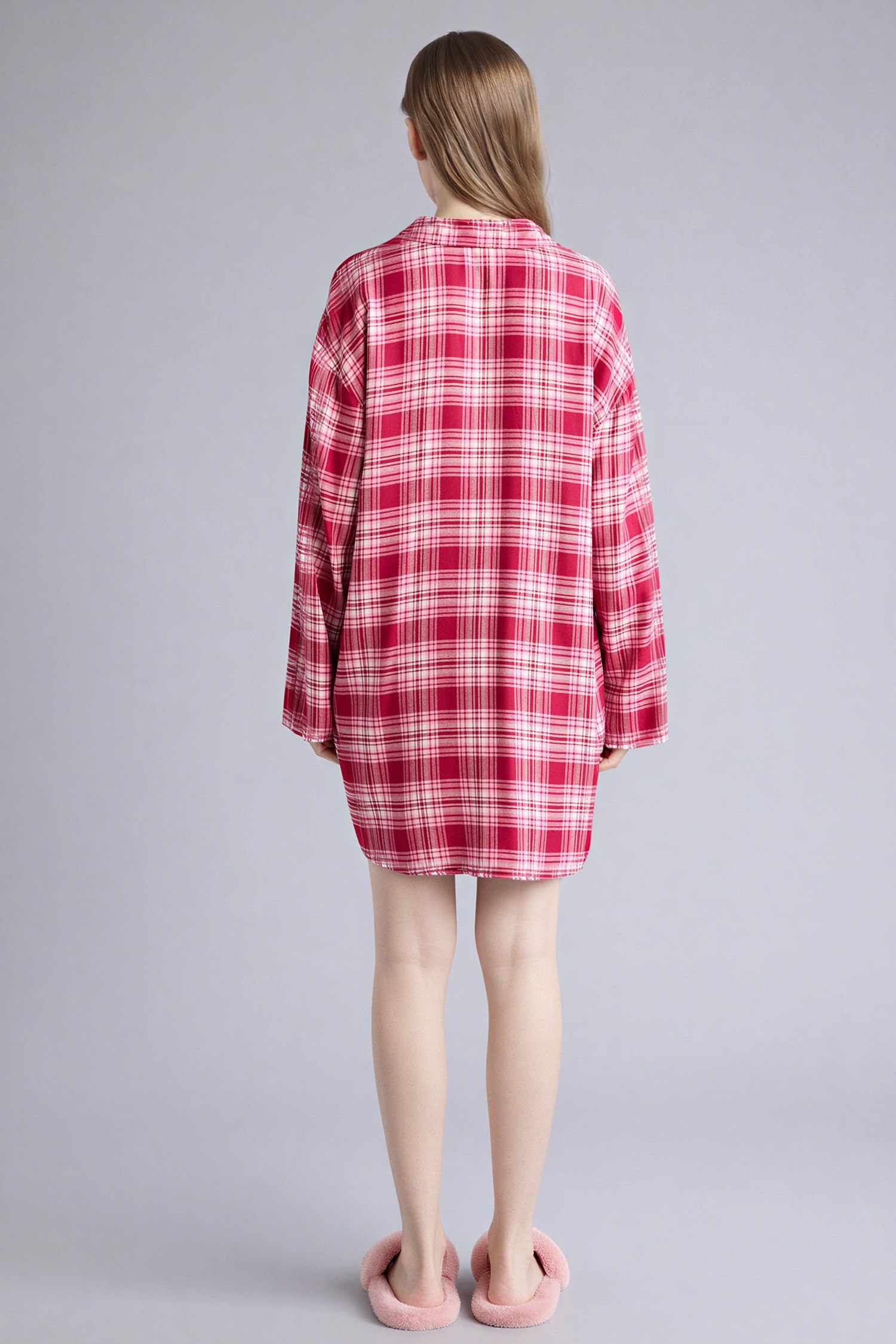 DeFacto Regular Fıt Pijama Yaka Flanel Uzun Kollu Gecelik görsel 5