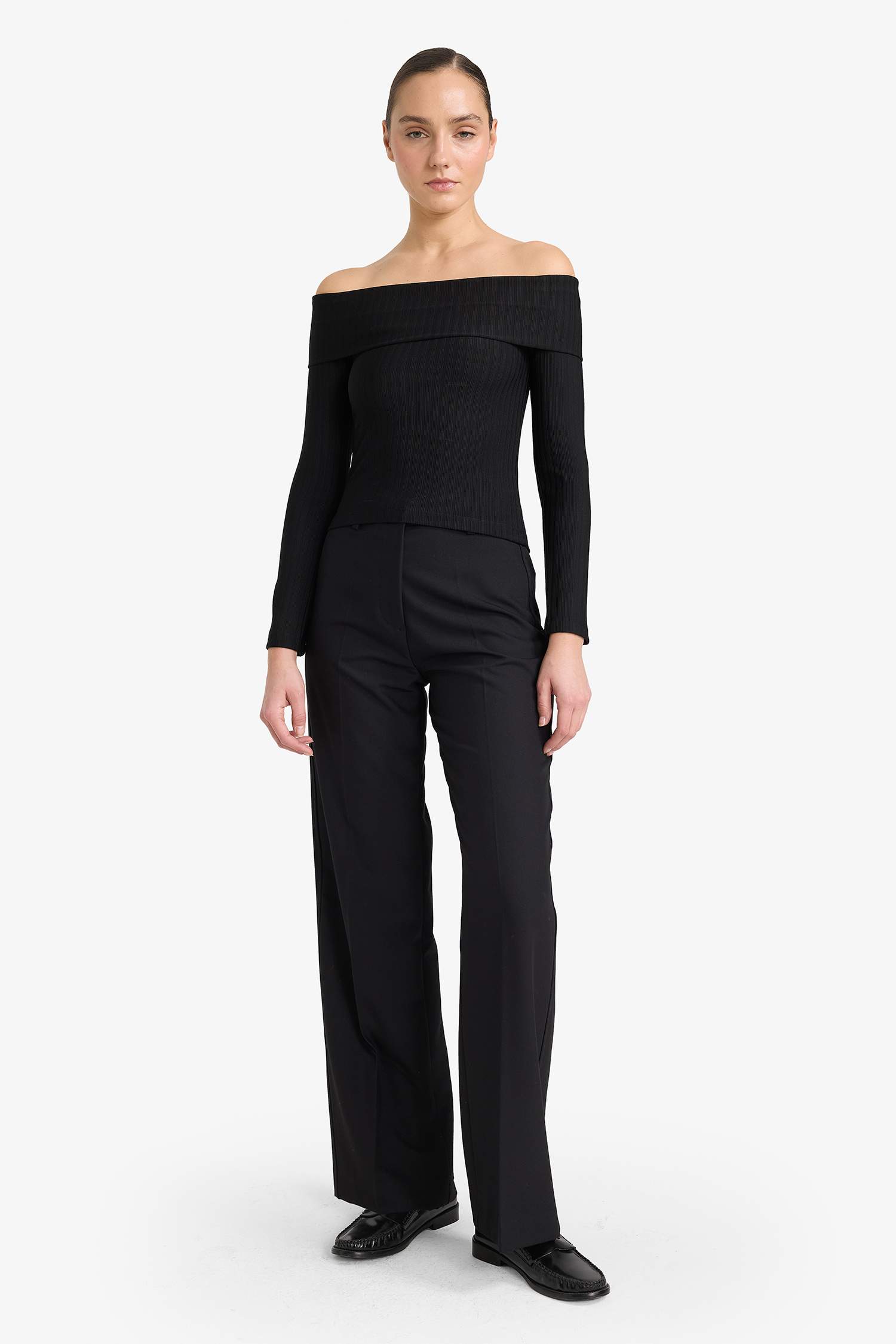 تيشيرت ردن طويل قطن سليم فيت بكتف واحد