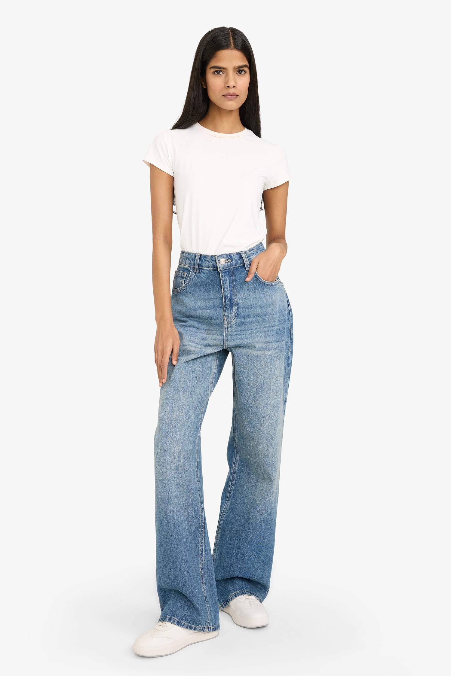 بنطرون جينز وايد ليج برجل واسع وخصر عالي