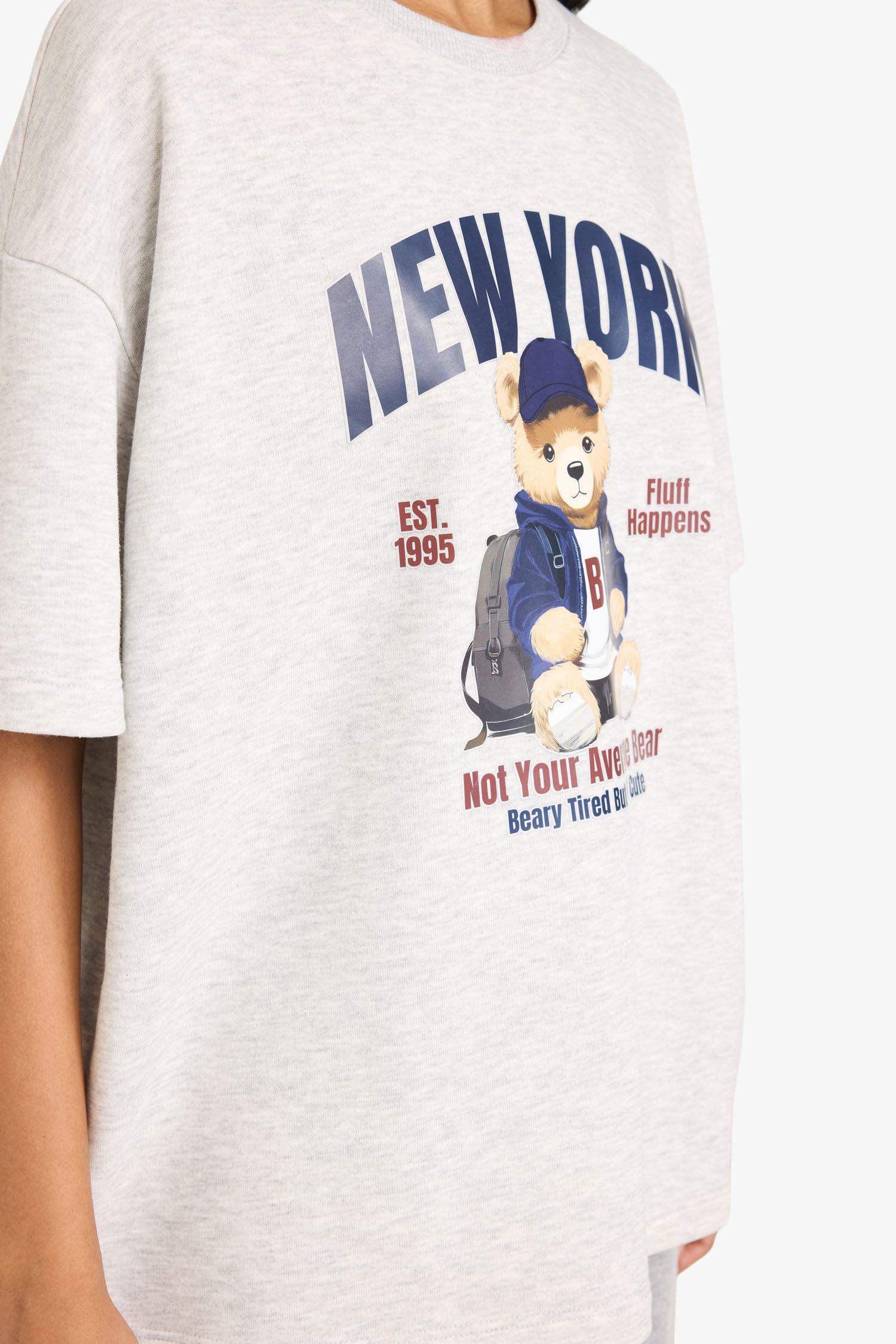 Oversize Geniş Kalıp Bisiklet Yaka Baskılı Kalın Kumaş Kısa Kollu Tişört