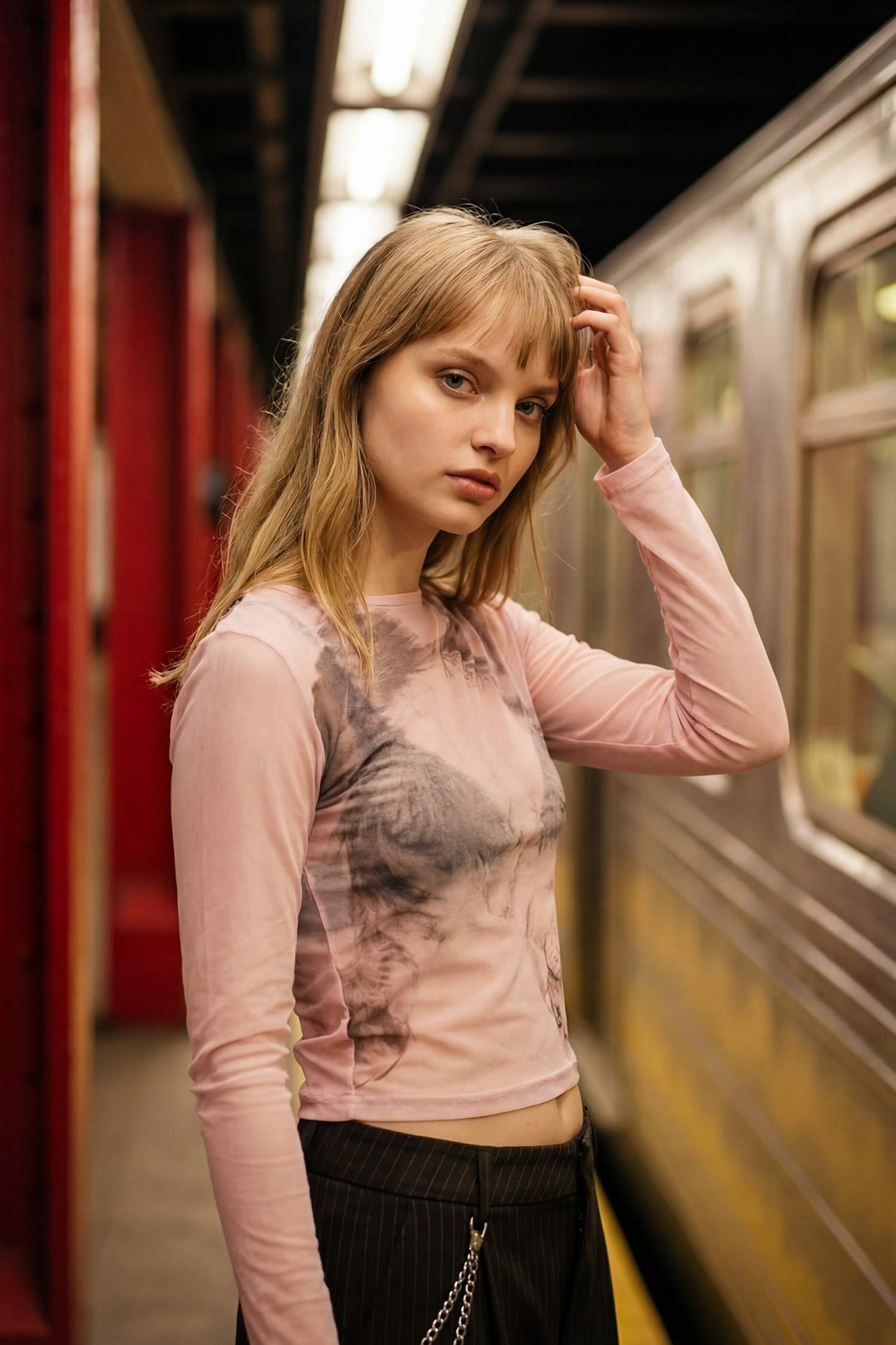 Fitted Boat Neck Printed Tulle Long Sleeve T-Shirt