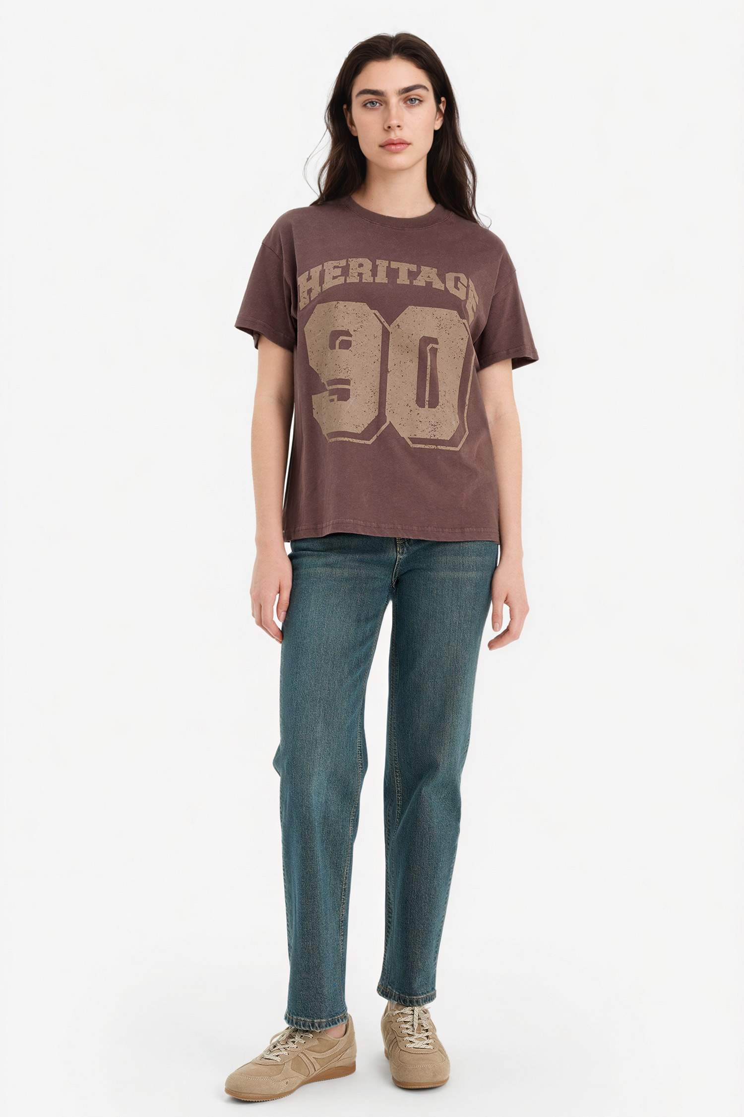 Oversıze Bisiklet Yaka Spor Baskılı Kısa Kollu Tişört