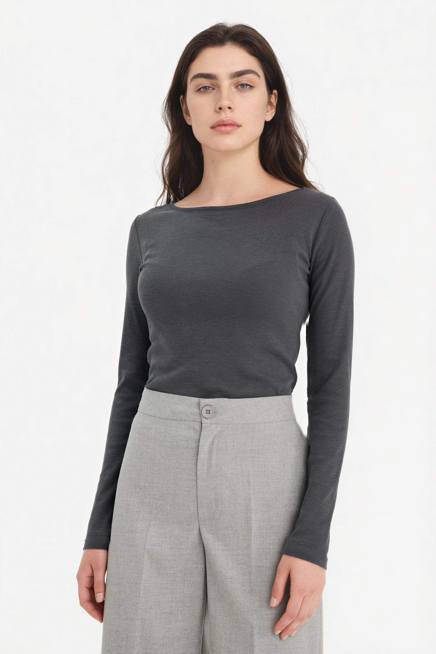 Slım Fıt Dar Kesim Kayık Yaka Ribana Uzun Kollu Tişört