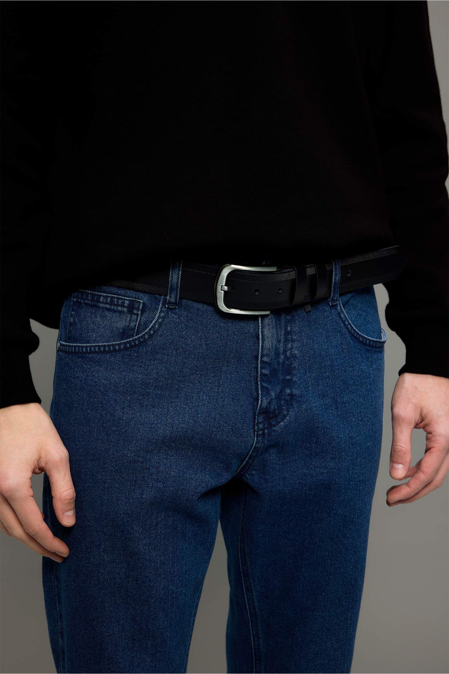 Erkek Dikdörtgen Toka Suni Deri Jean Kemeri