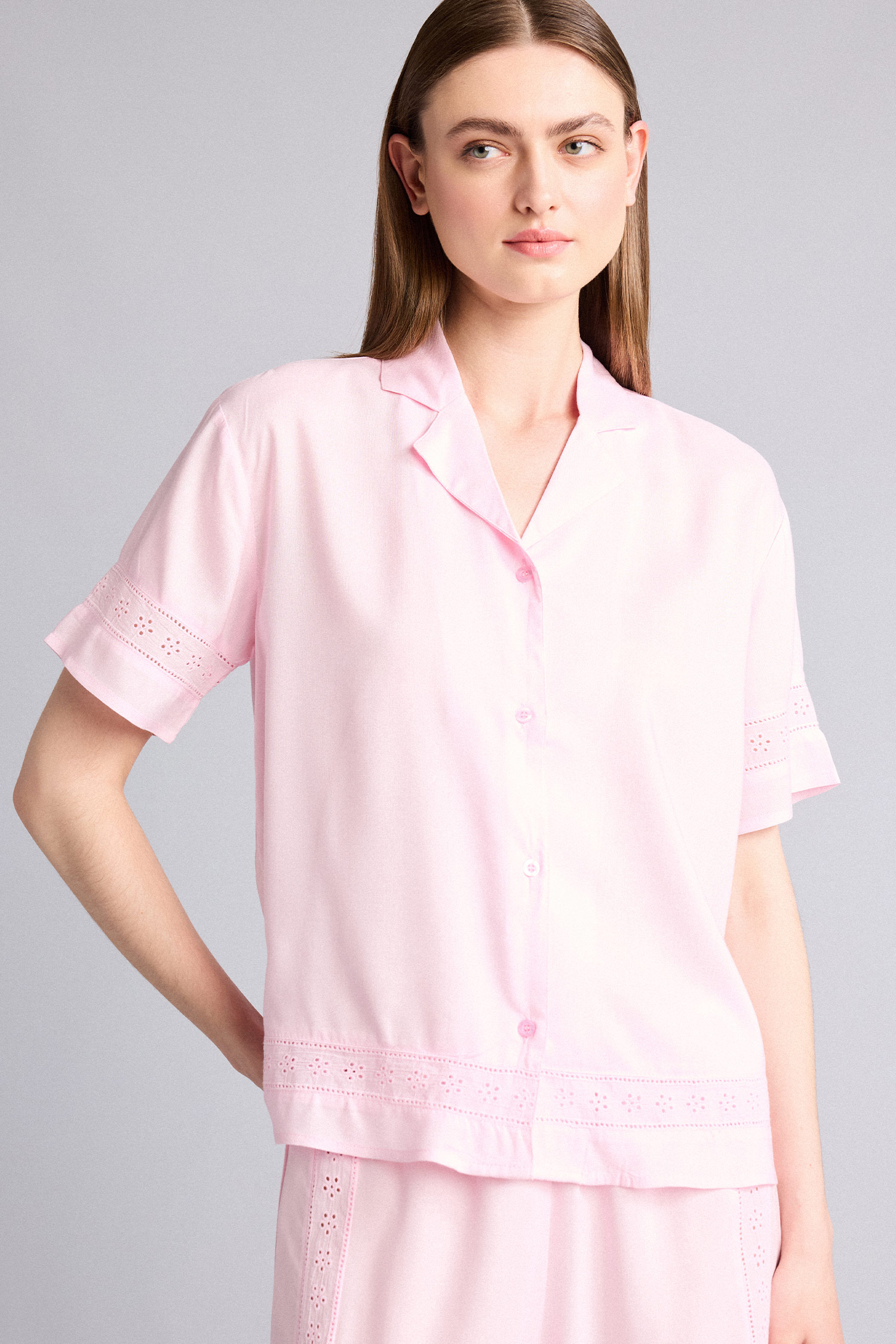 DeFacto Regular Fıt Pijama Yaka Dokuma Pijama Üst