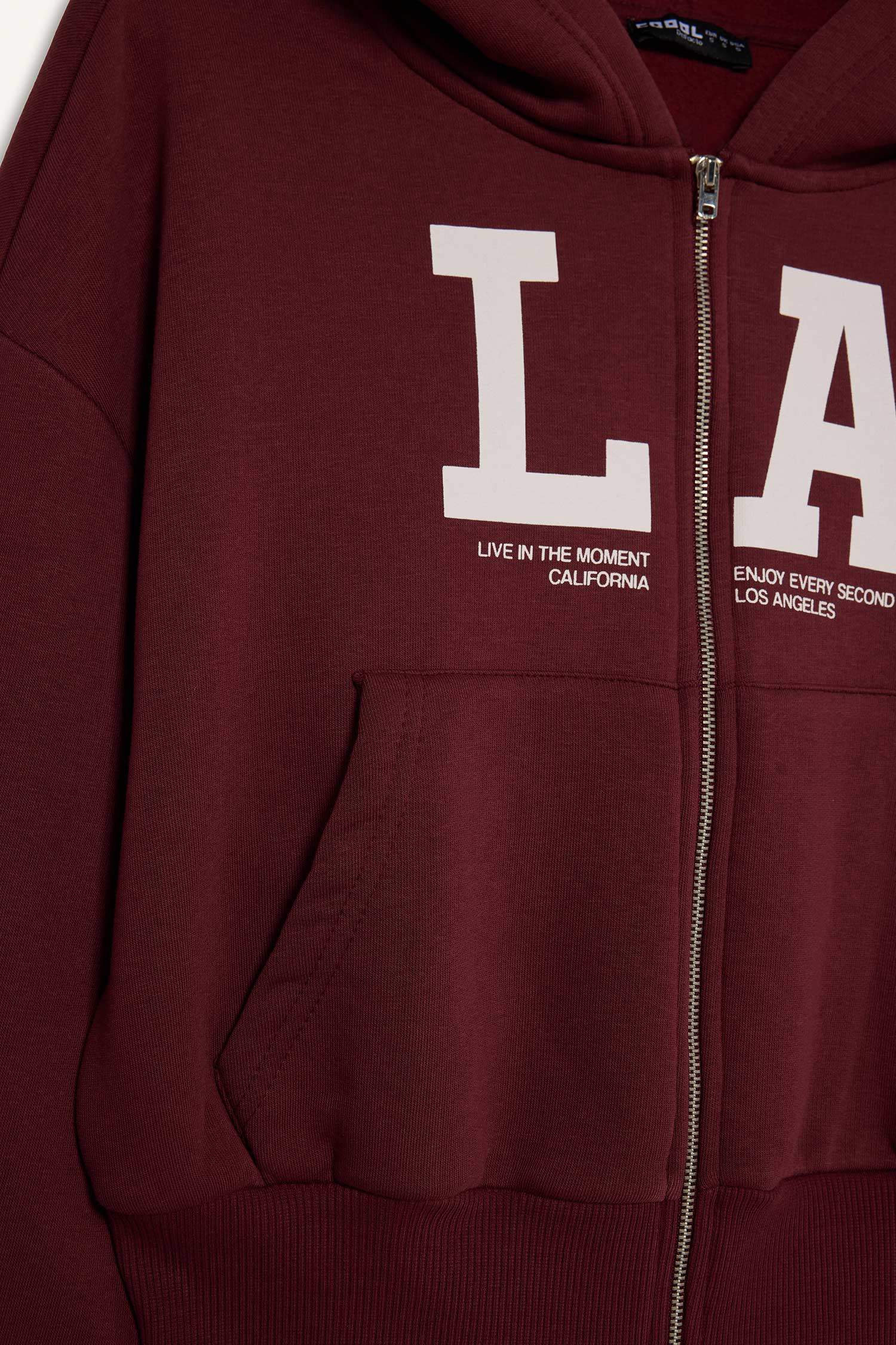 Cropped Fit Kapüşonlu Baskılı Fermuarlı Sweatshirt