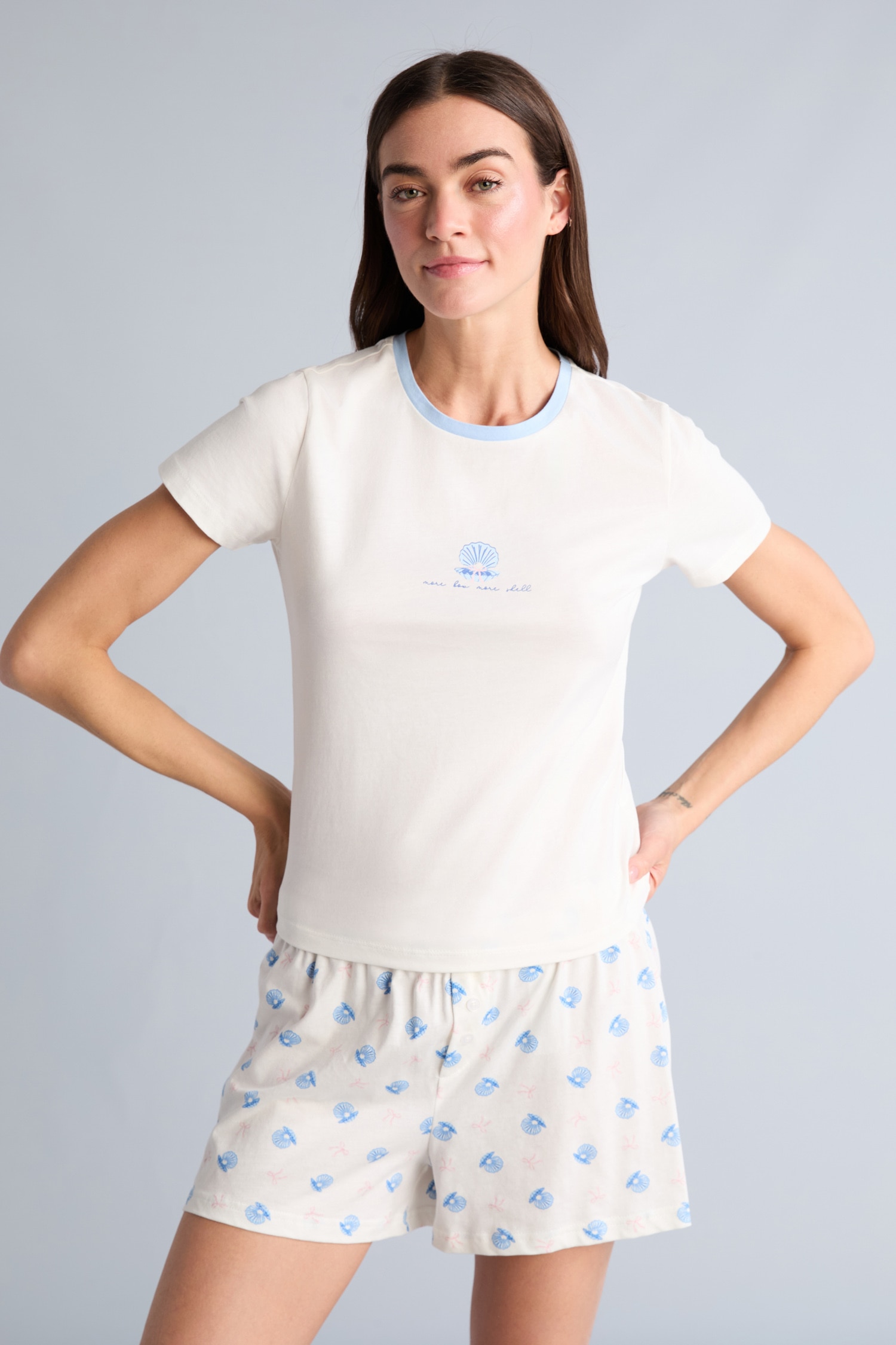 DeFacto %100 Pamuk New Regular Fıt Kısa Kollu Bisiklet Yaka Üst Ekose Şort Pijama Takımı görsel 2