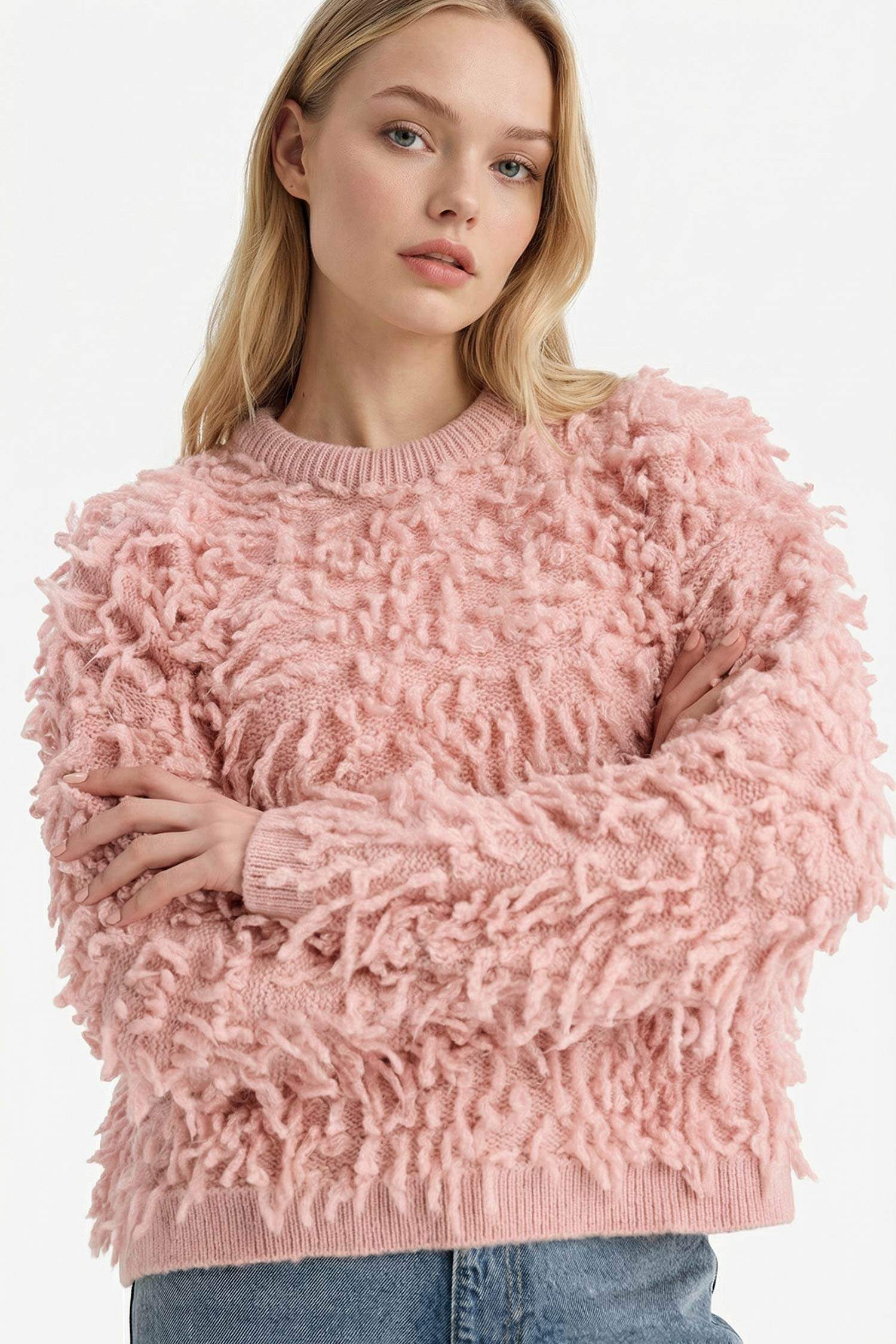 Regular Fit Bisiklet Yaka Püsküllü Triko Kazak