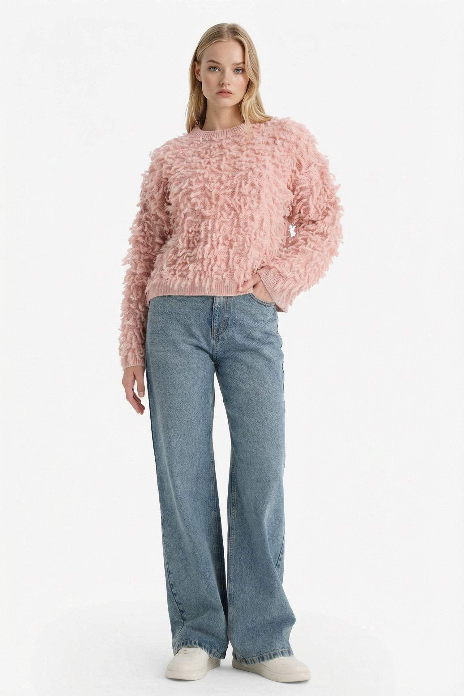 Regular Fit Bisiklet Yaka Püsküllü Triko Kazak