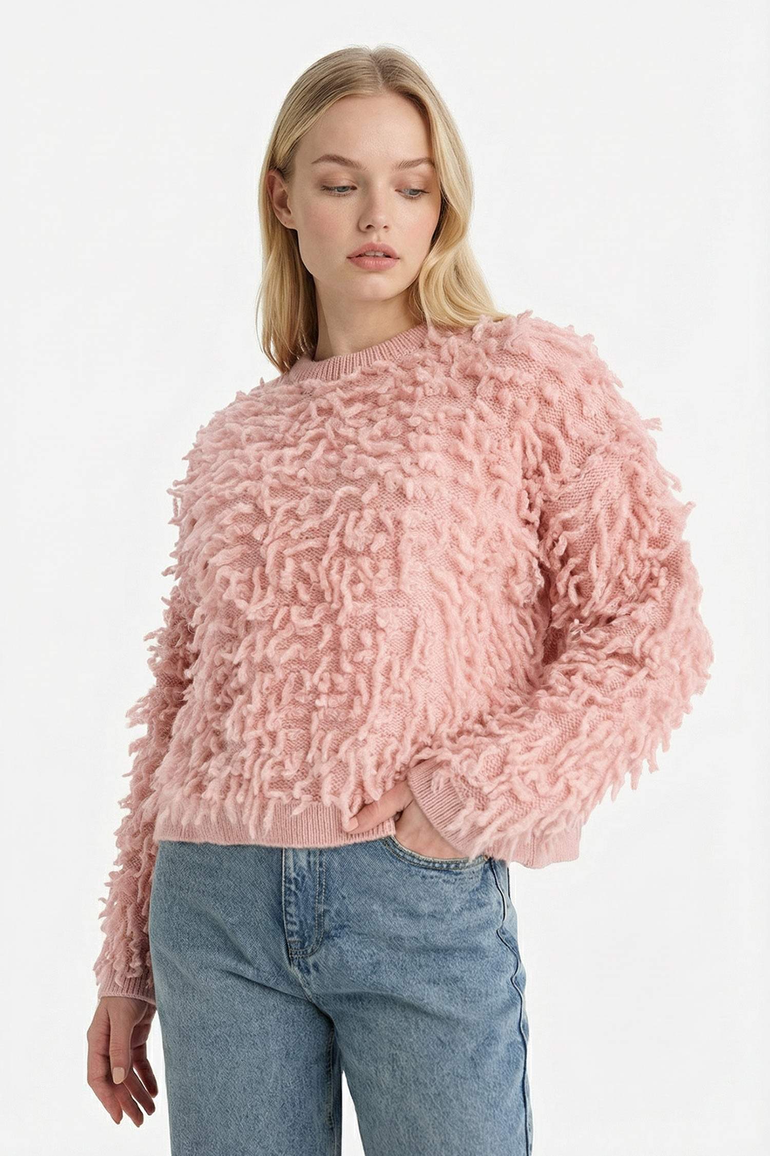 Regular Fit Bisiklet Yaka Püsküllü Triko Kazak